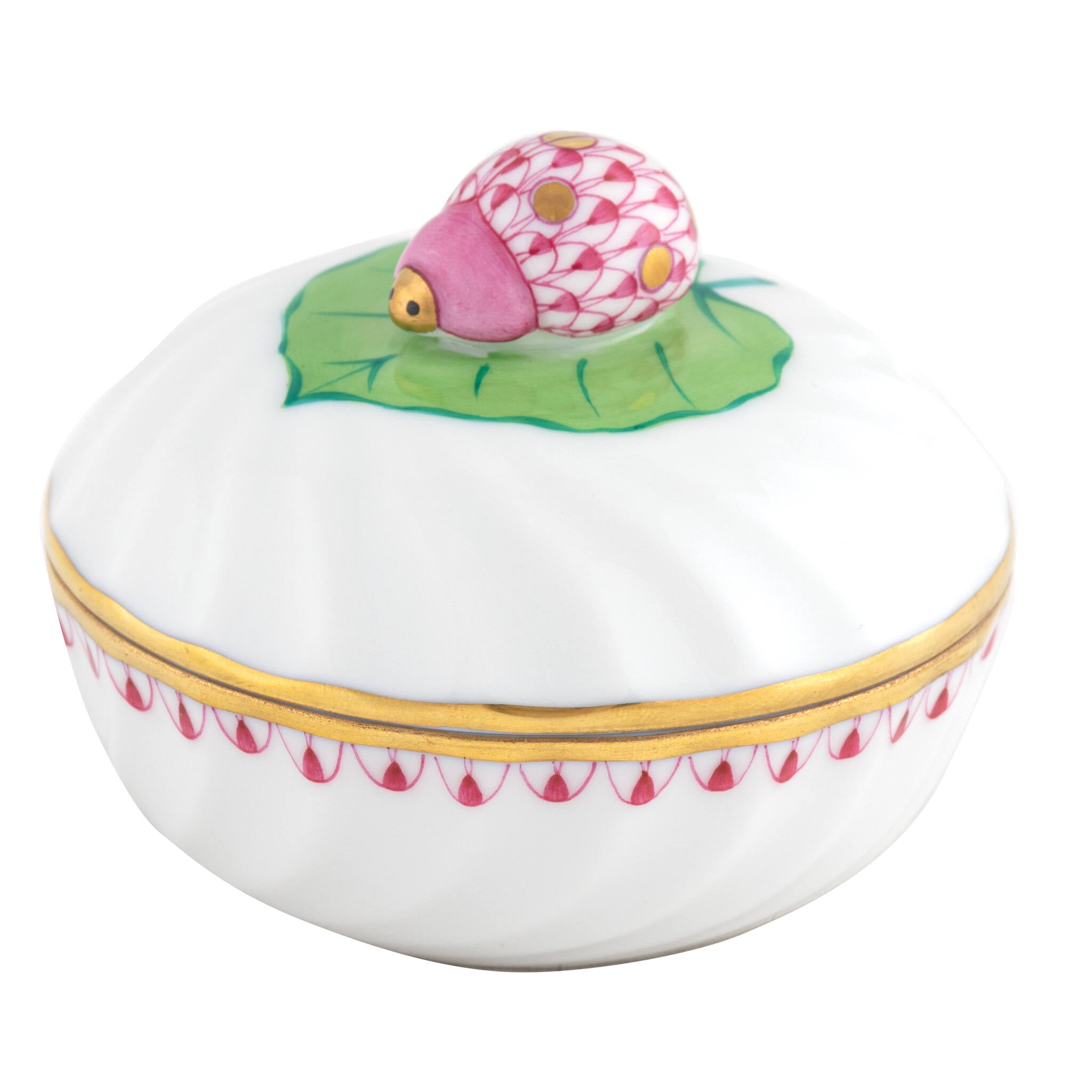 Hand-painted Herend Ladybug Box in Raspberry fishnet porcelain on a white background