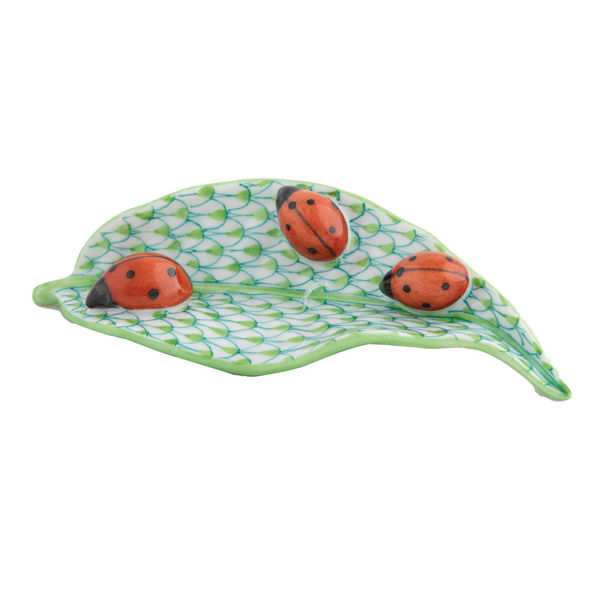 Hand-painted Herend Ladybugs on Leaf Figurine in fine porcelain, 3.5in L X 1.5in W X 0.5in H, on a white background