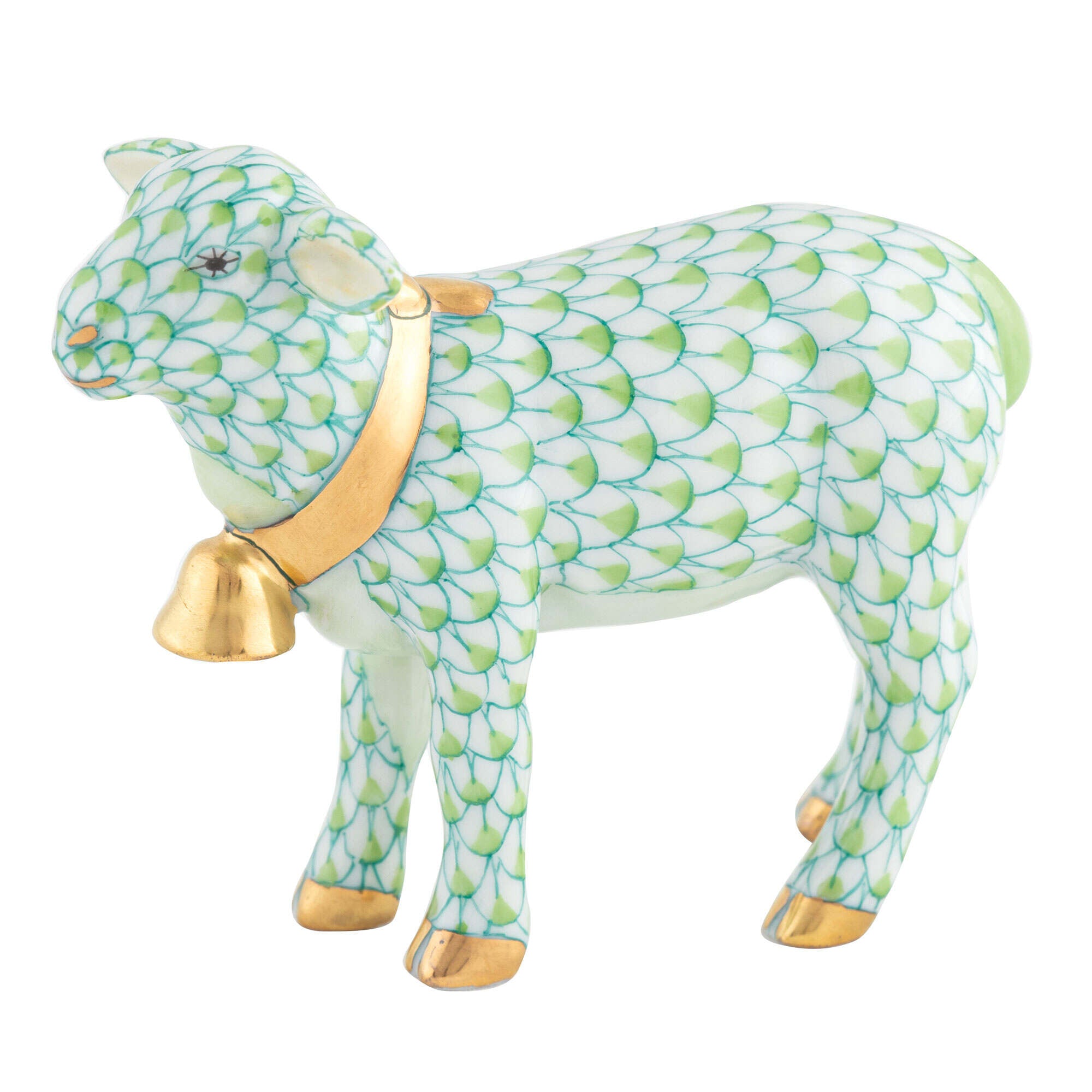 Hand-painted Herend Lamb with Bell Figurine in Key Lime fishnet porcelain on a white background
