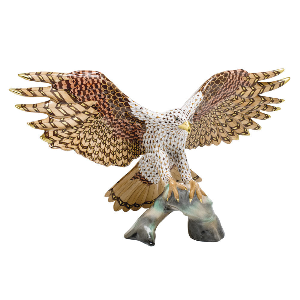 Hand-painted Herend Landing Hawk Figurine in fine porcelain, 15.75in W X 8.5in H, on a white background