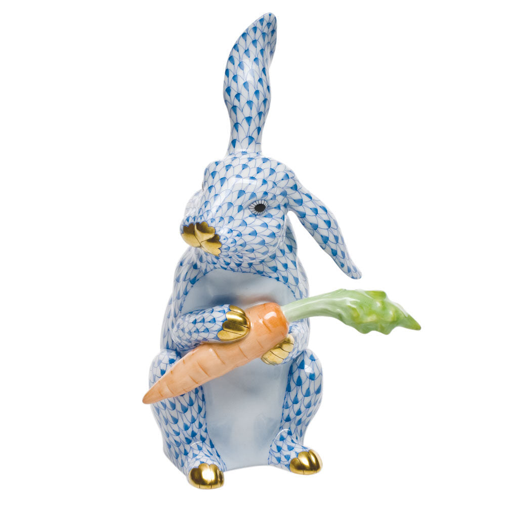 Hand-painted Herend Large Bunny with Carrot Figurine in Blue fishnet porcelain on a white background