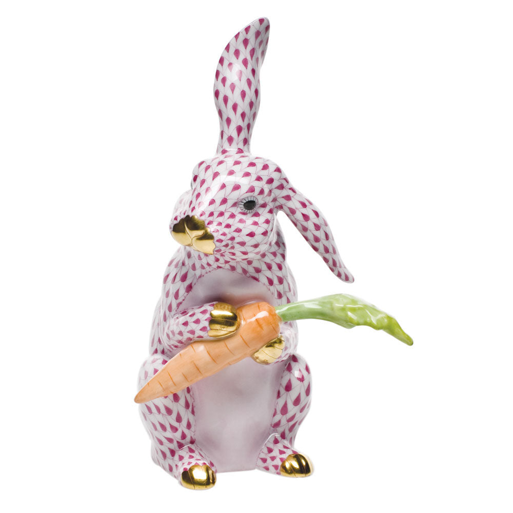Hand-painted Herend Large Bunny with Carrot Figurine in Raspberry fishnet porcelain on a white background