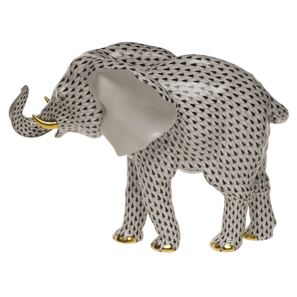 Hand-painted Herend Large Elephant Figurine in fine porcelain, 9.5in H, on a white background