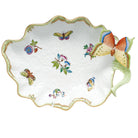 Hand-painted Herend Large Leaf Dish with Butterfly Decorative Plate in fine porcelain, 10.75in L, on a white background