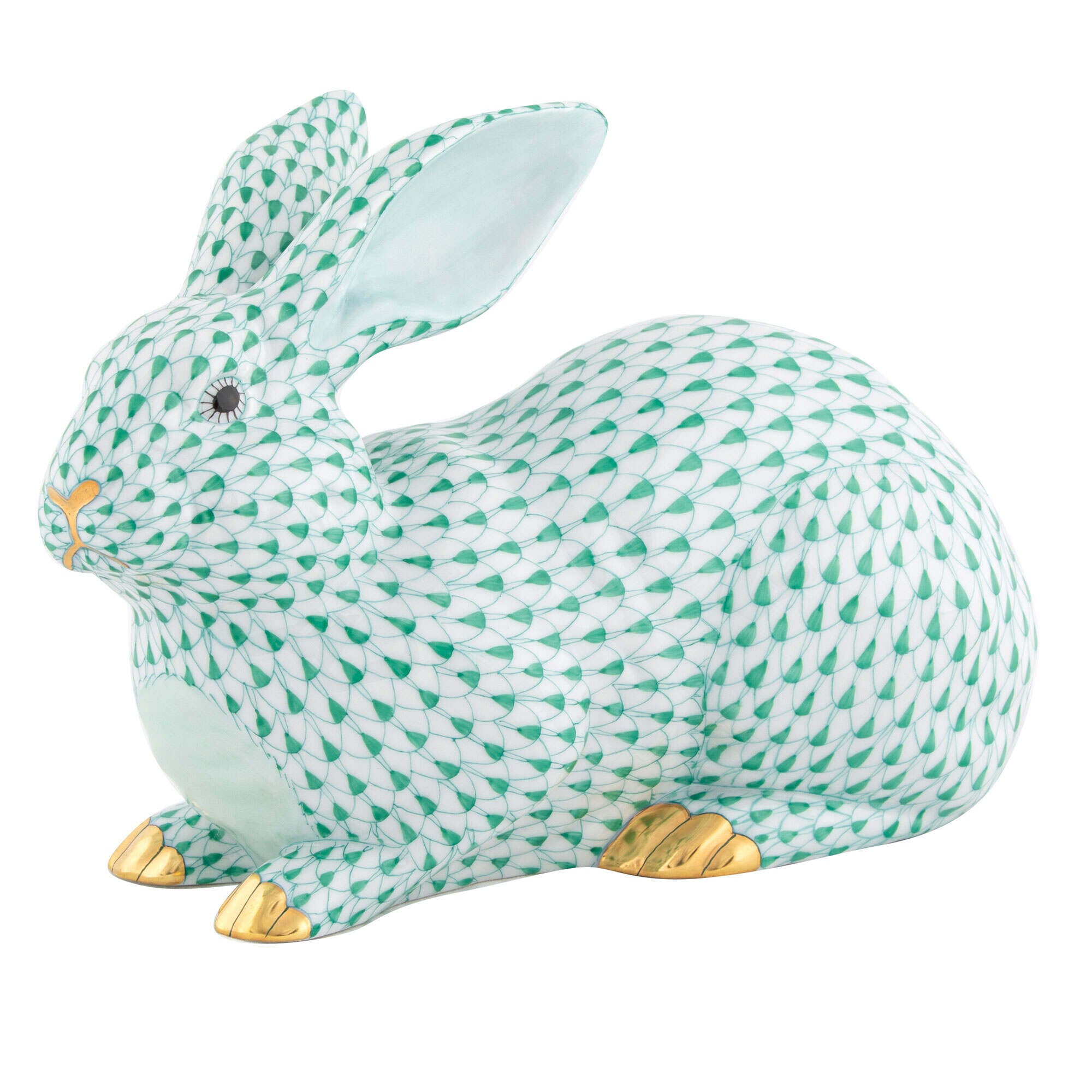 Large Lying Bunny Figurine in hand-painted Green porcelain by Herend of Hungary
