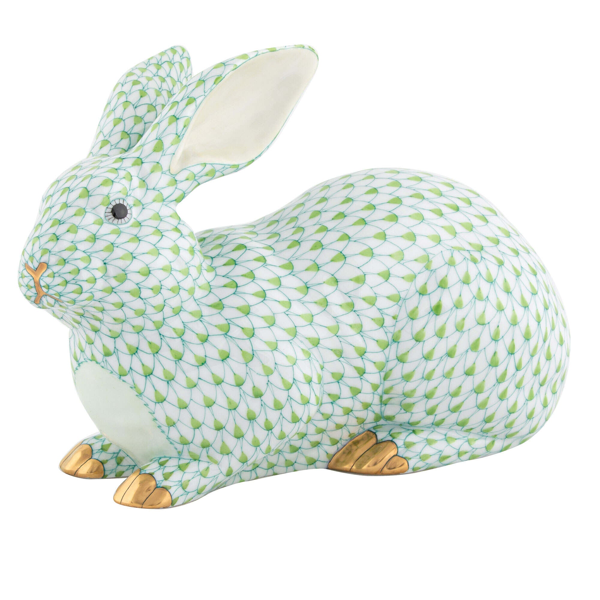 Herend Large Lying Bunny Figurine porcelain figurine painted in the Key Lime fishnet pattern
