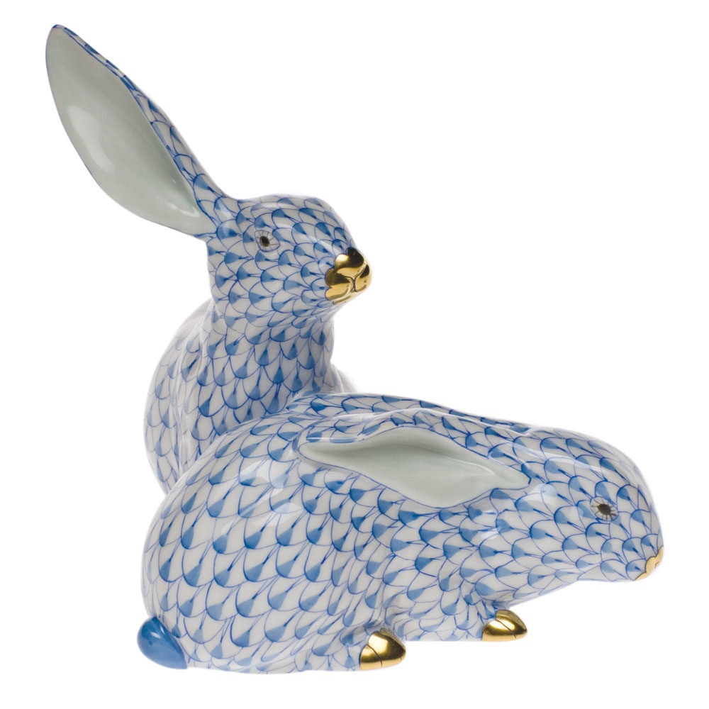 Hand-painted Herend Large Pair of Rabbits Figurine in fine porcelain, 5in H, on a white background