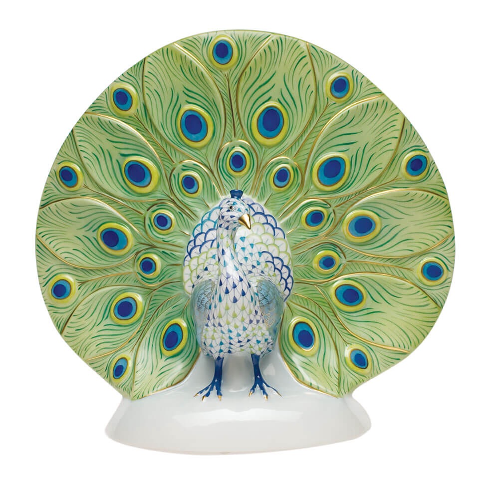 Hand-painted Herend Large Peacock Figurine in fine porcelain, 9.75in W X 9.25in H, on a white background