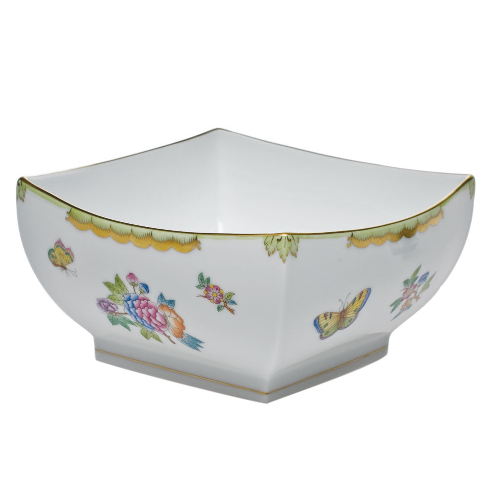 Hand-painted Herend Large Square Bowl in fine porcelain, 8in L X 4in H, on a white background