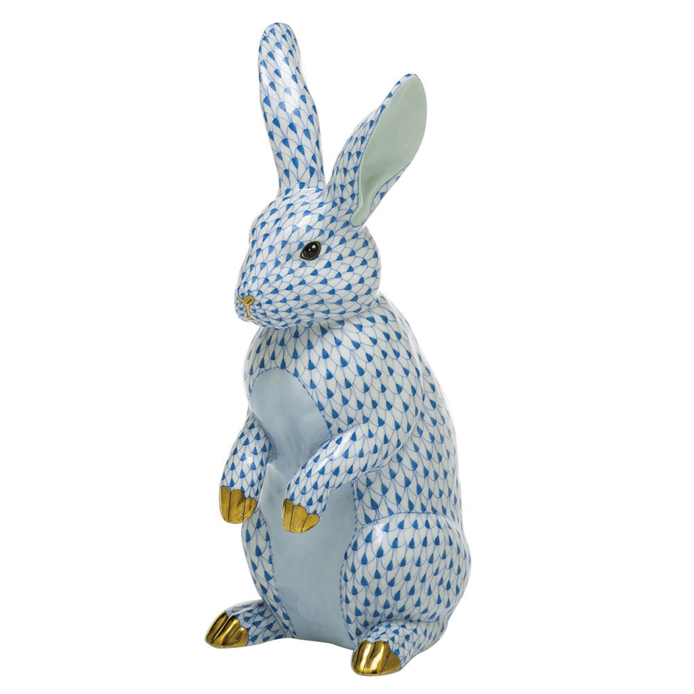 Hand-painted Herend Large Standing Rabbit Figurine in fine porcelain, 6in L X 11.5in H, on a white background
