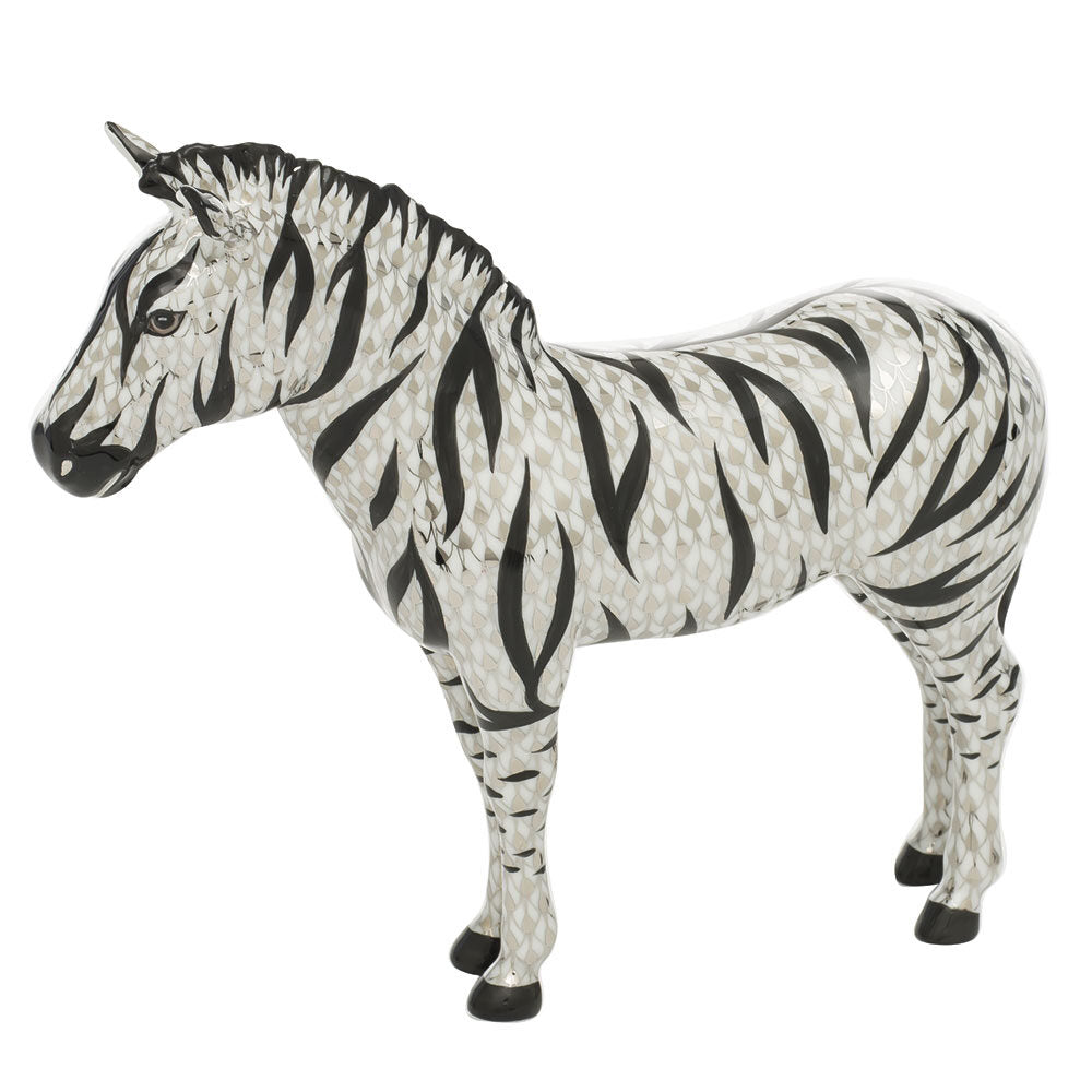 Hand-painted Herend Large Zebra Figurine in fine porcelain, 6.75in L X 5.75in H, on a white background