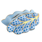 Hand-painted Herend Leaf Place Card Holder in Blue fishnet porcelain on a white background