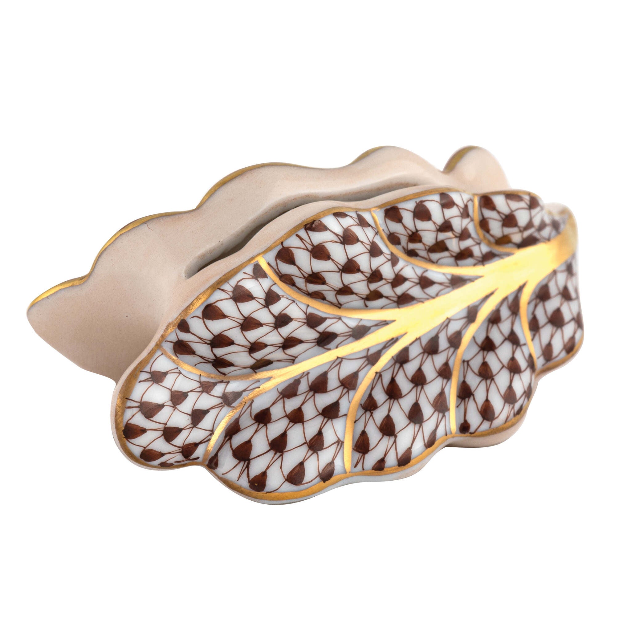 Chocolate fishnet Leaf Place Card Holder figurine, hand-painted Herend porcelain with 24k gold accents