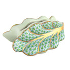 Hand-painted Herend Leaf Place Card Holder in Key Lime fishnet porcelain on a white background