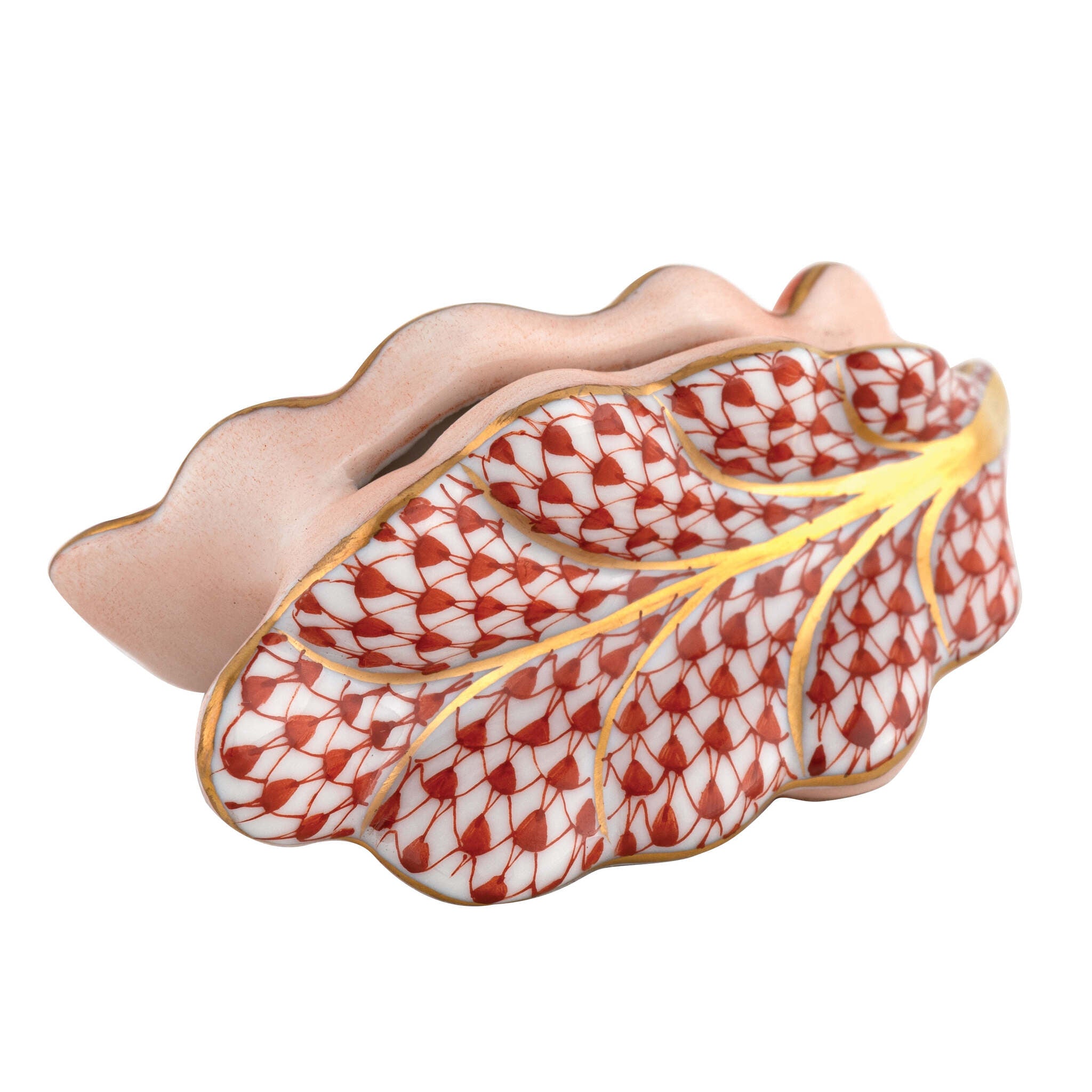 Rust fishnet Leaf Place Card Holder figurine, hand-painted Herend porcelain with 24k gold accents