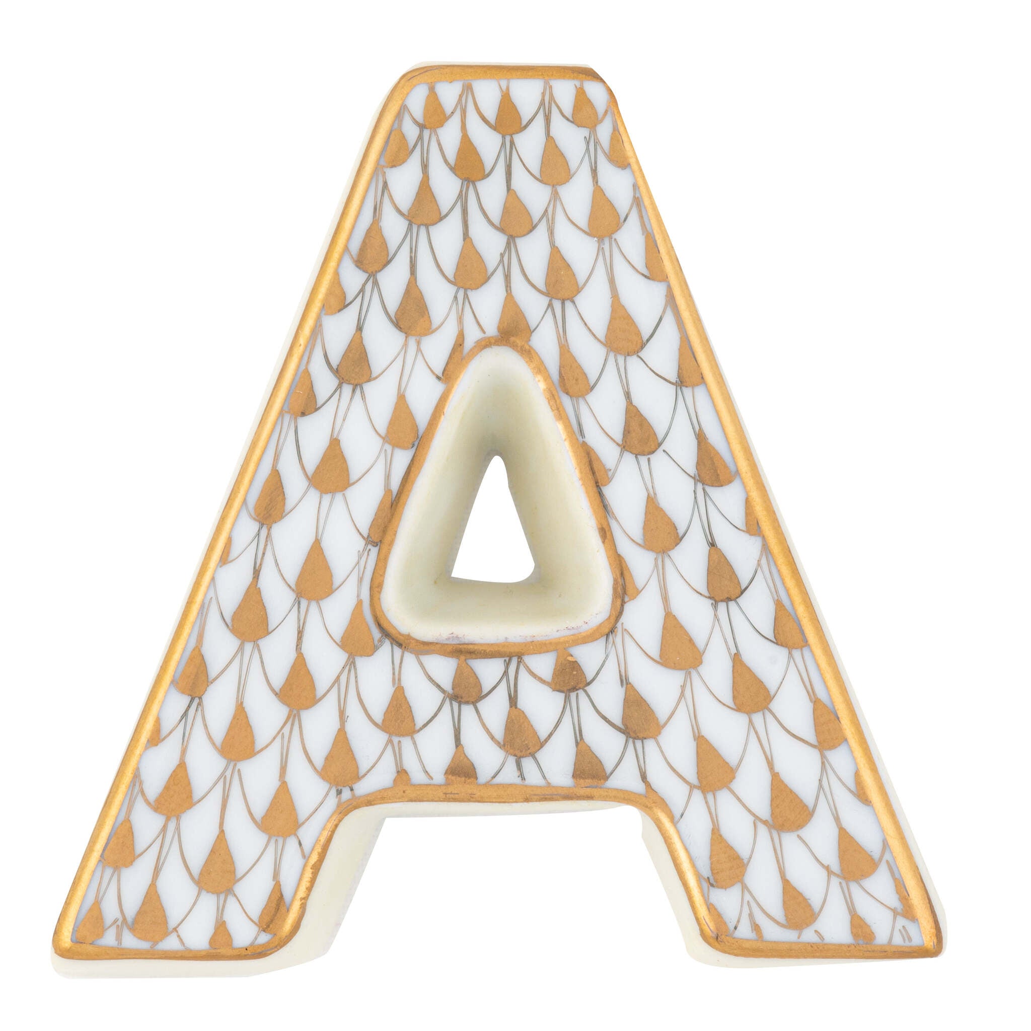 Hand-painted Herend Letter a Figurine in fine porcelain, 2.25in L X 2.25in W X 0.5in H, on a white background