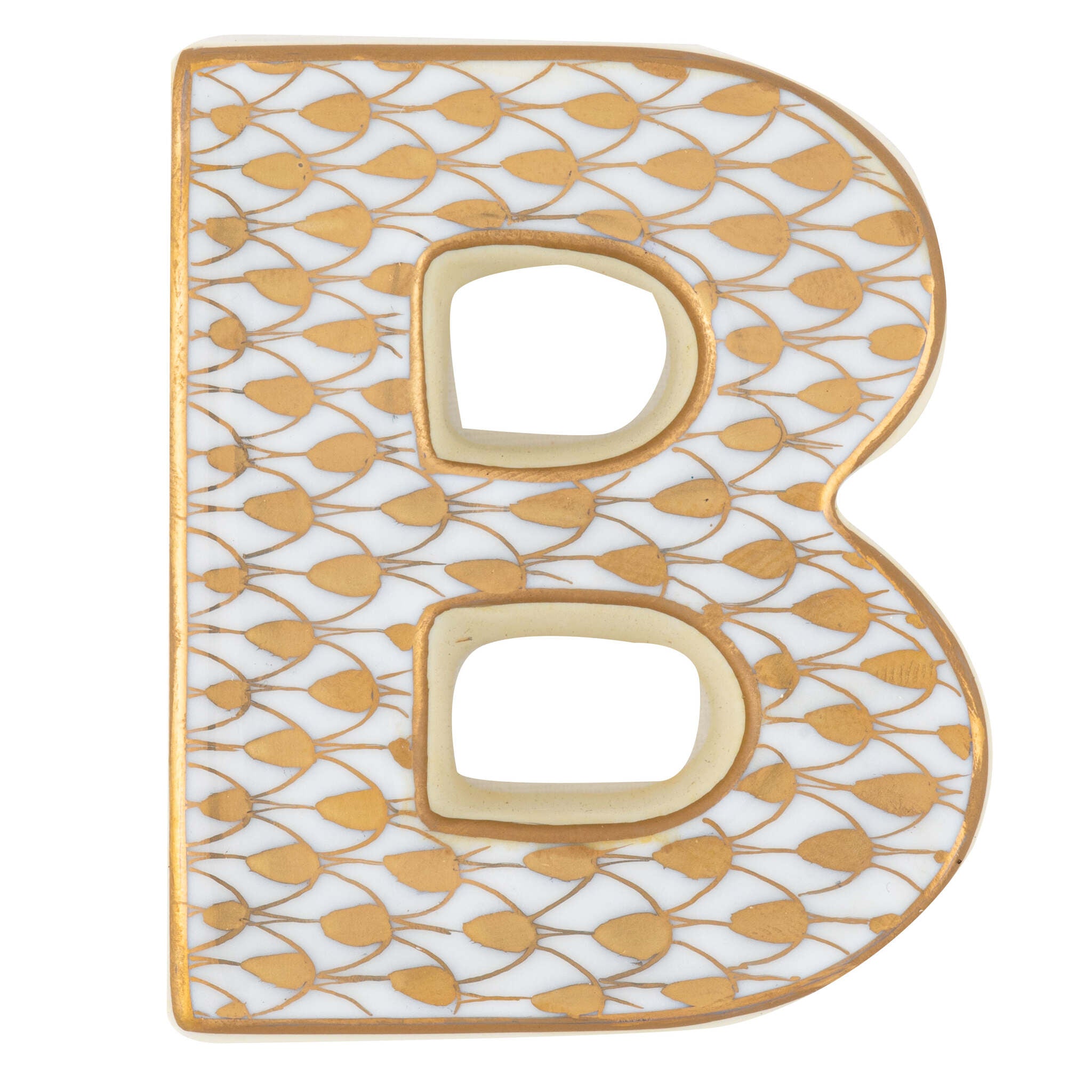 Hand-painted Herend Letter B Figurine in fine porcelain, 2.25in L X 2.25in W X 0.5in H, on a white background
