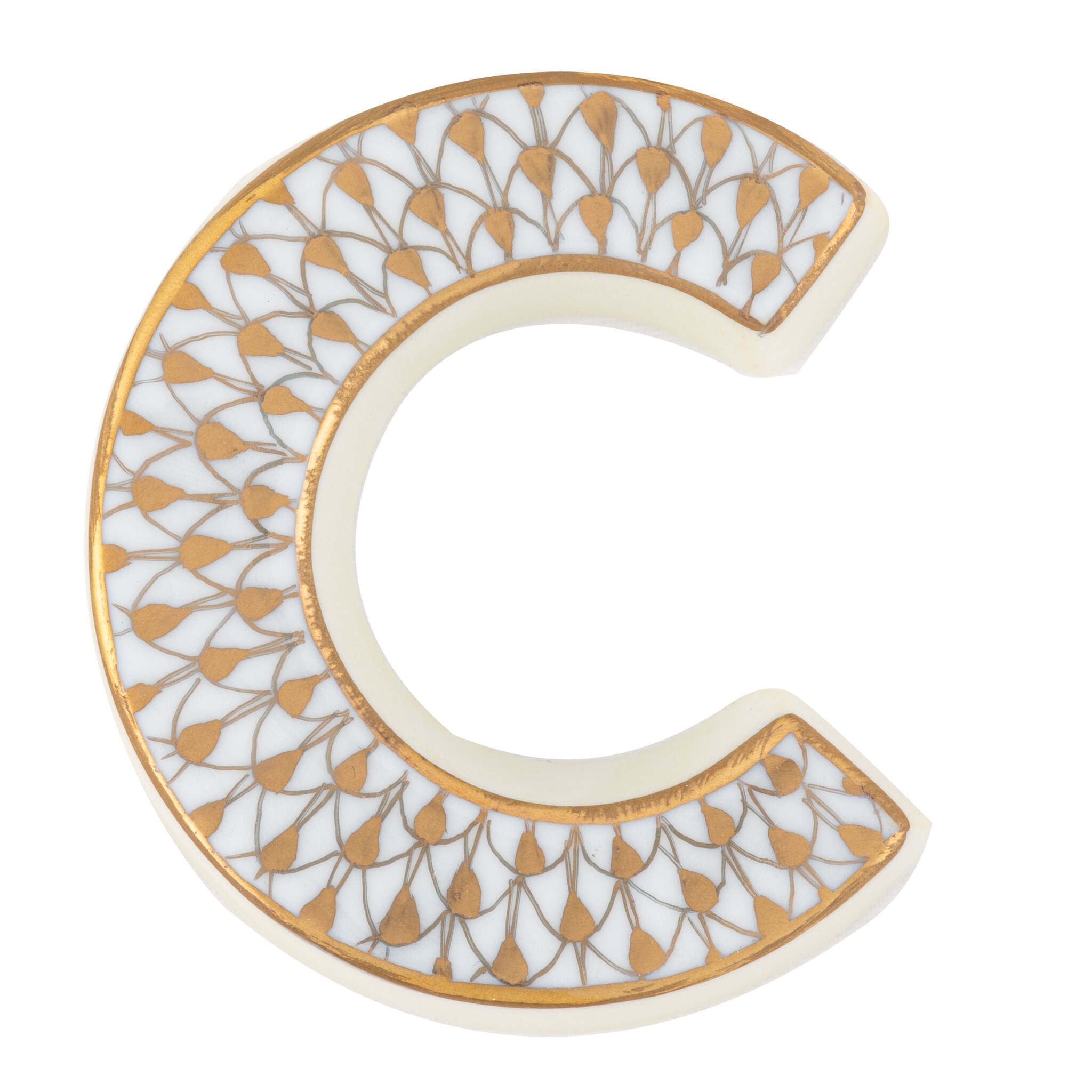 Hand-painted Herend Letter C Figurine in fine porcelain, 2.25in L X 2.in W X 0.5in H, on a white background