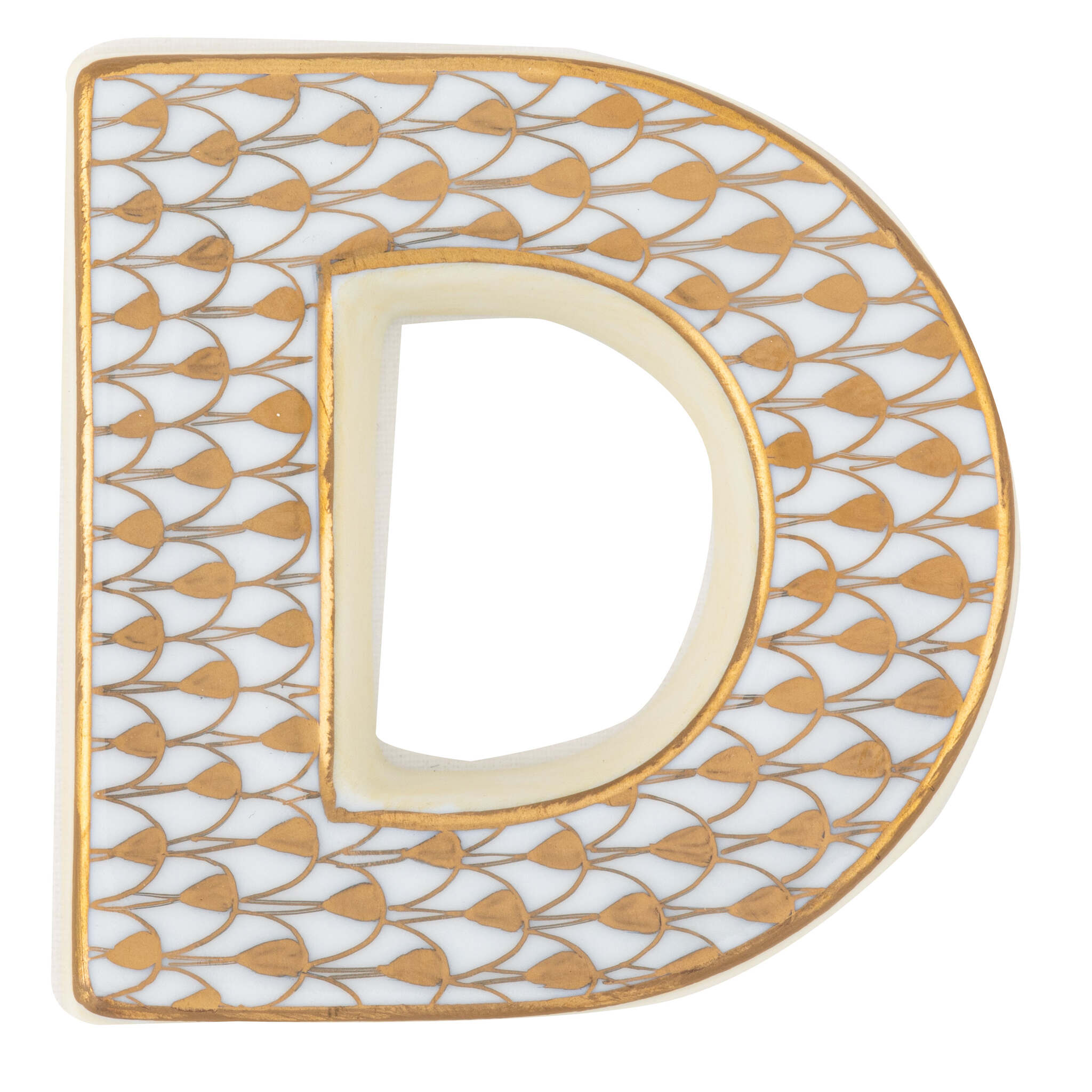 Hand-painted Herend Letter D Figurine in fine porcelain, 2.25in L X 2.25in W X 0.5in H, on a white background
