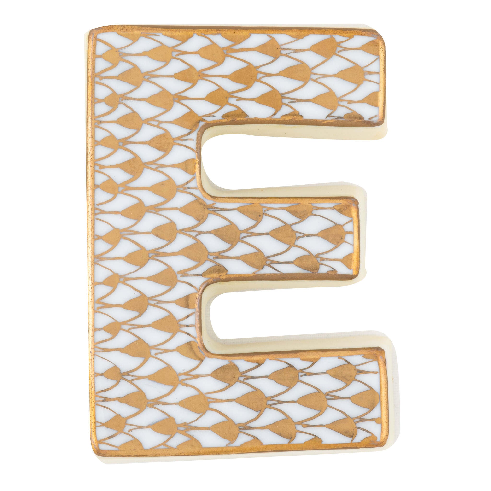 Hand-painted Herend Letter E Figurine in fine porcelain, 2.25in L X 1.5in W X 0.5in H, on a white background