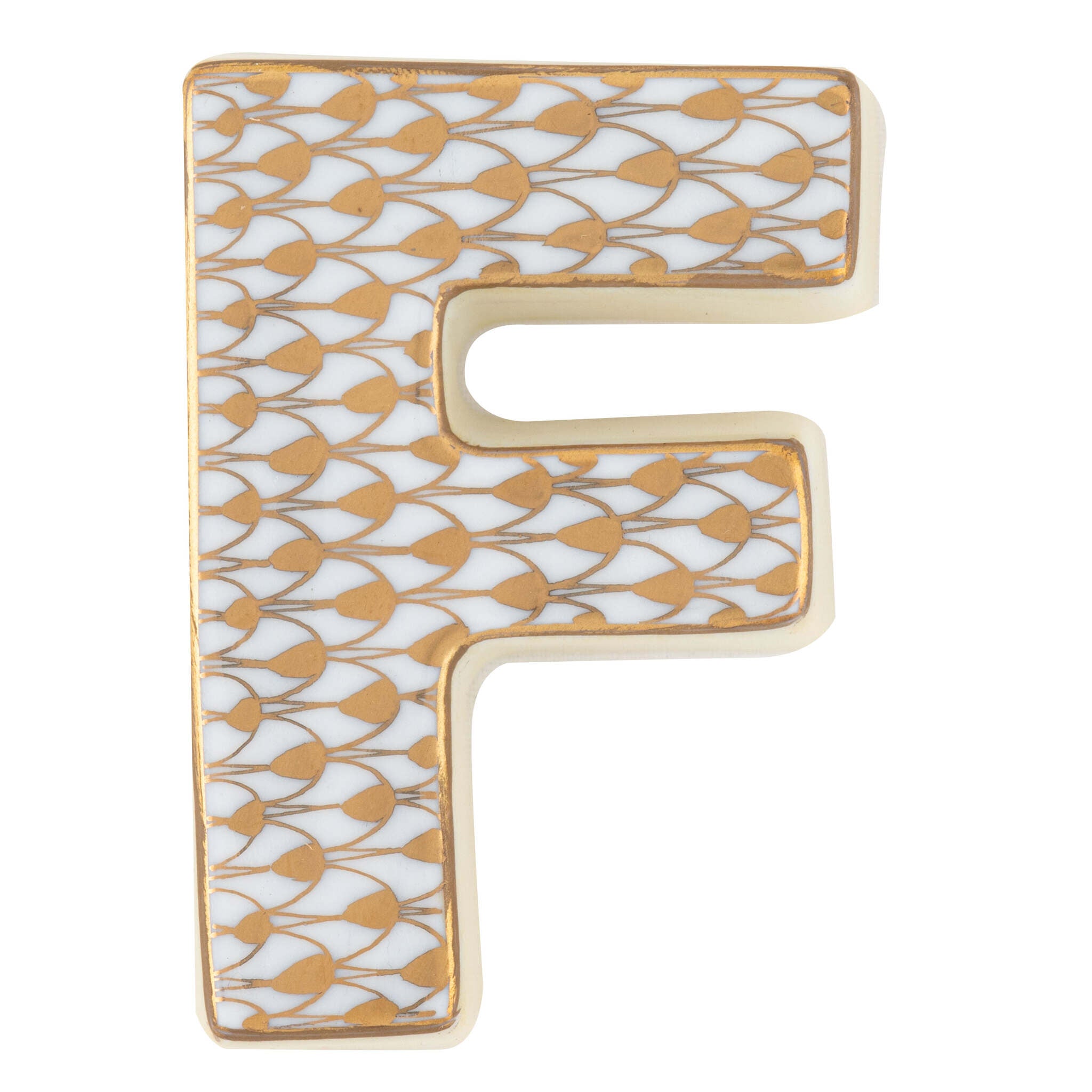 Hand-painted Herend Letter F Figurine in fine porcelain, 2.25in L X 1.5in W X 0.5in H, on a white background
