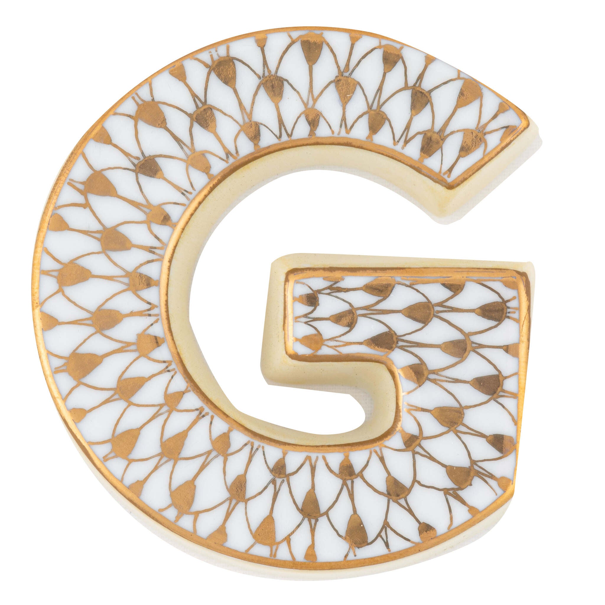 Hand-painted Herend Letter G Figurine in fine porcelain, 2.25in L X 2in W X 0.5in H, on a white background