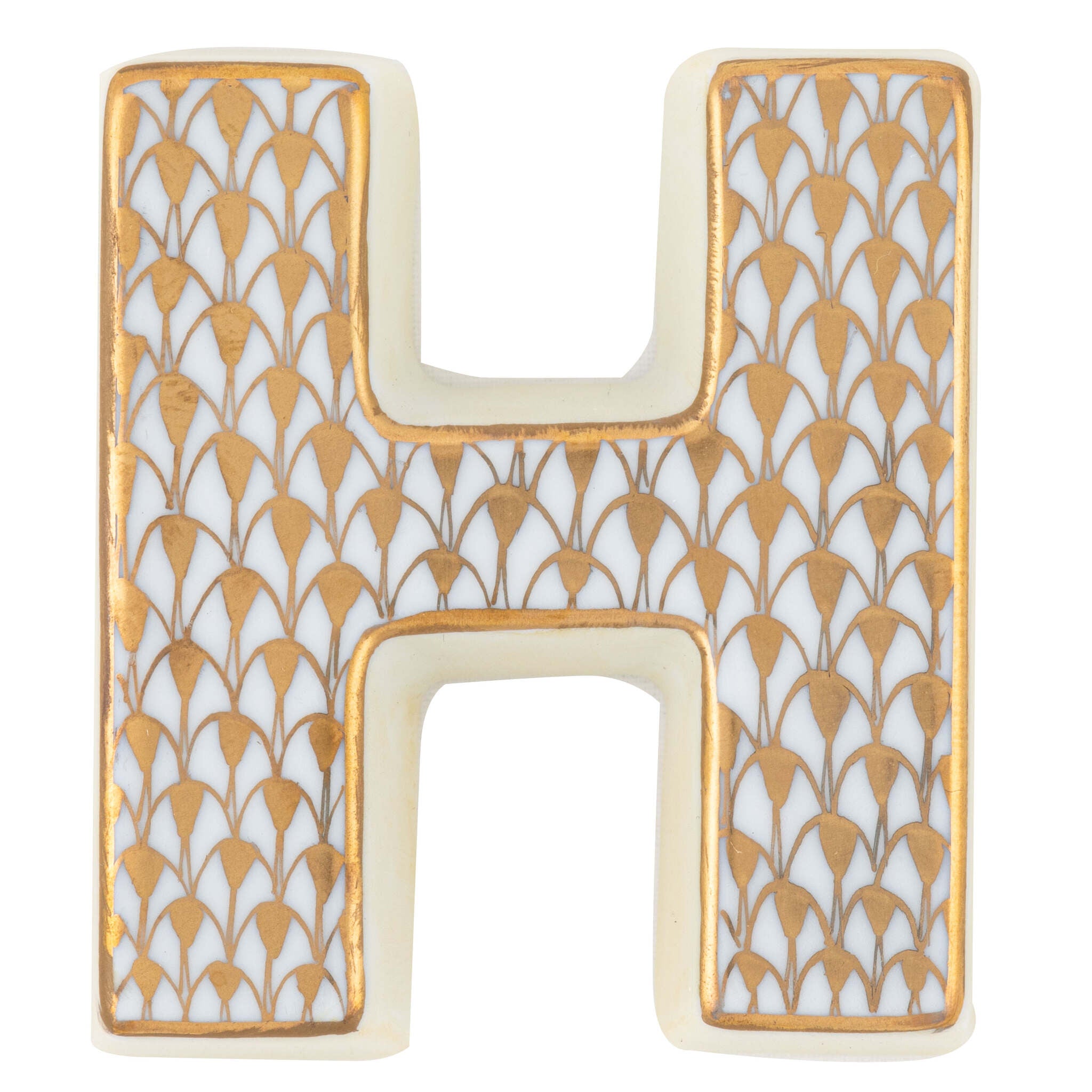 Hand-painted Herend Letter H Figurine in fine porcelain, 2.25in L X 2in W X 0.5in H, on a white background