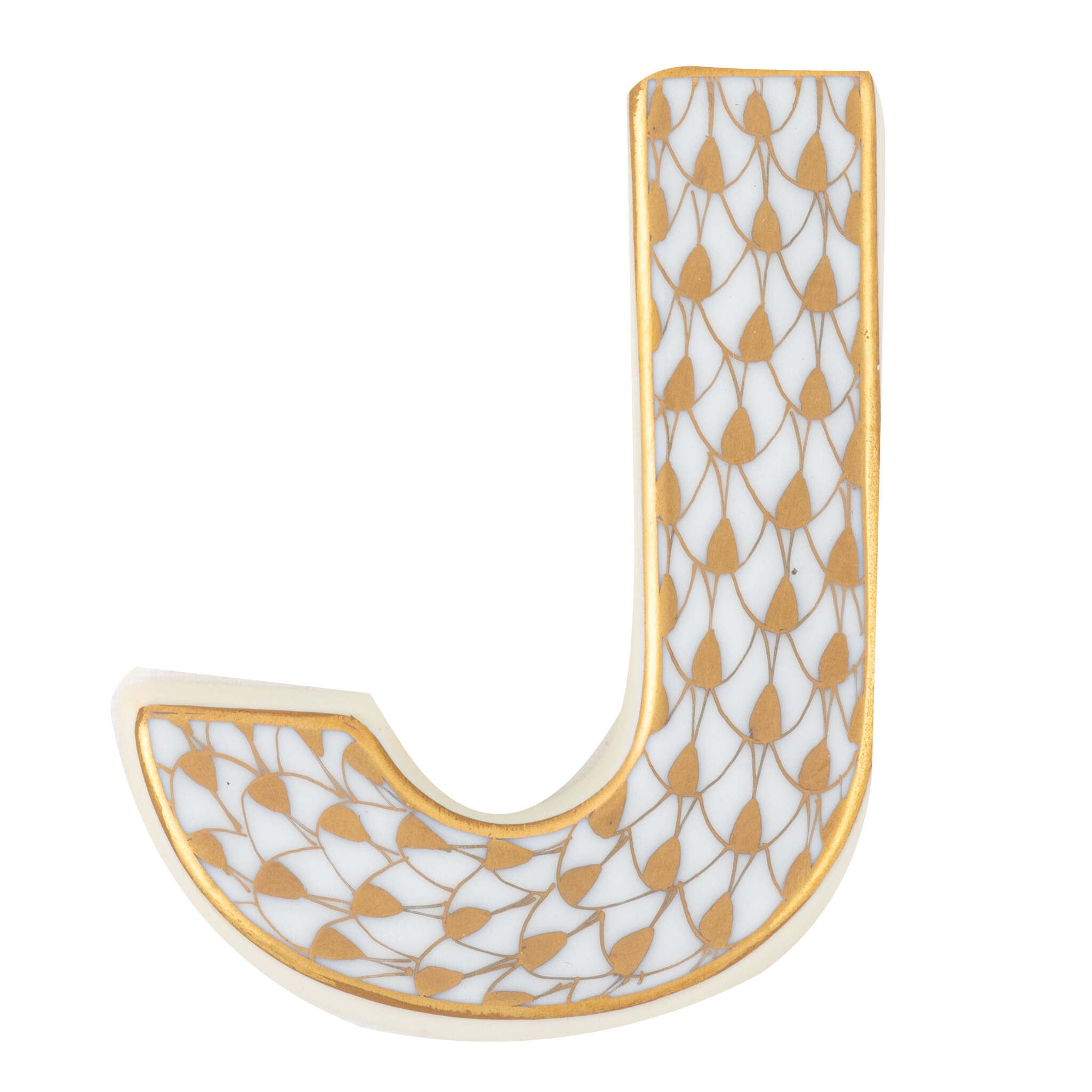 Hand-painted Herend Letter J Figurine in fine porcelain, 2.25in L X 1.75in W X 0.5in H, on a white background