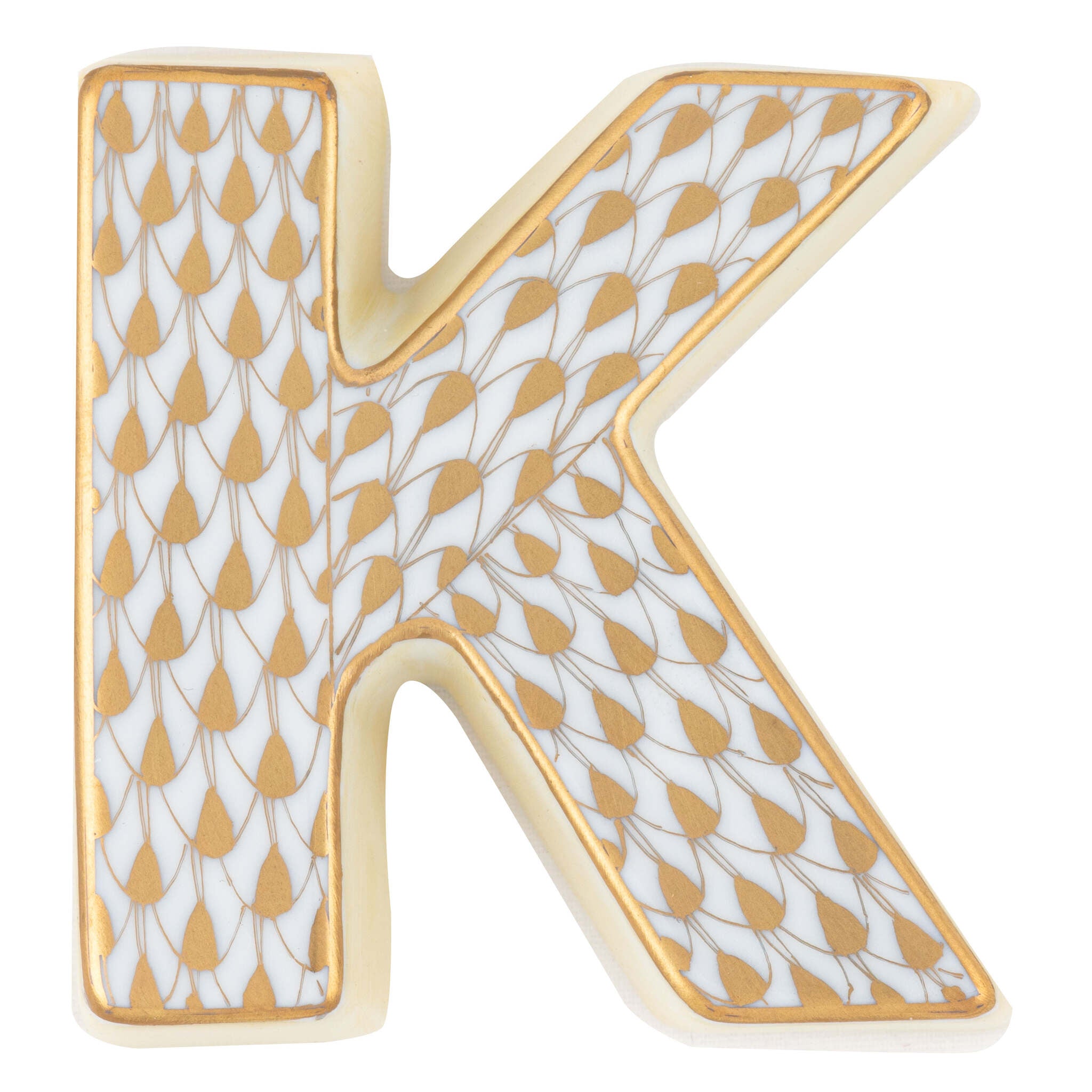 Hand-painted Herend Letter K Figurine in fine porcelain, 2.25in L X 2in W X 0.5in H, on a white background