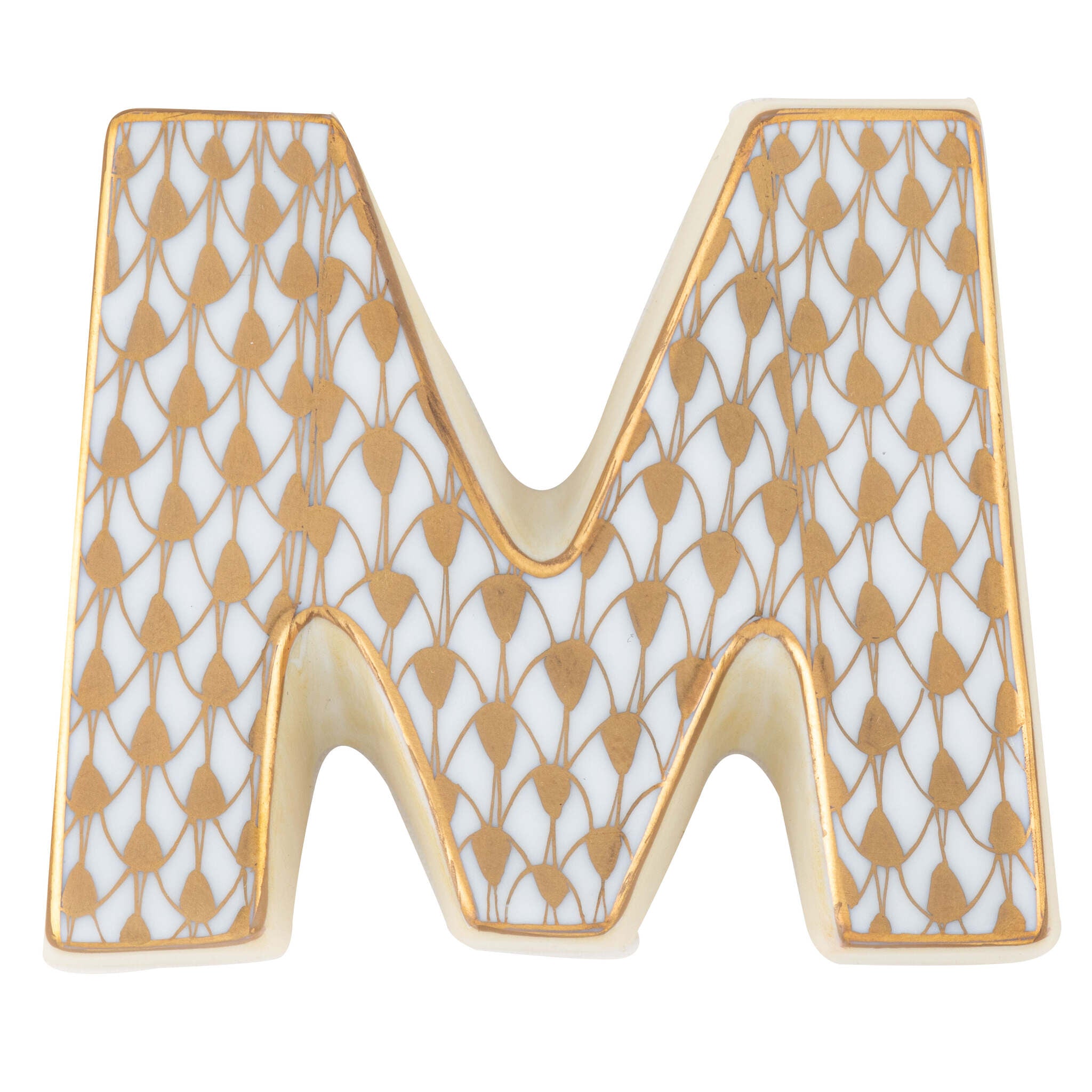 Hand-painted Herend Letter M Figurine in fine porcelain, 2.25in L X 2.25in W X 0.5in H, on a white background