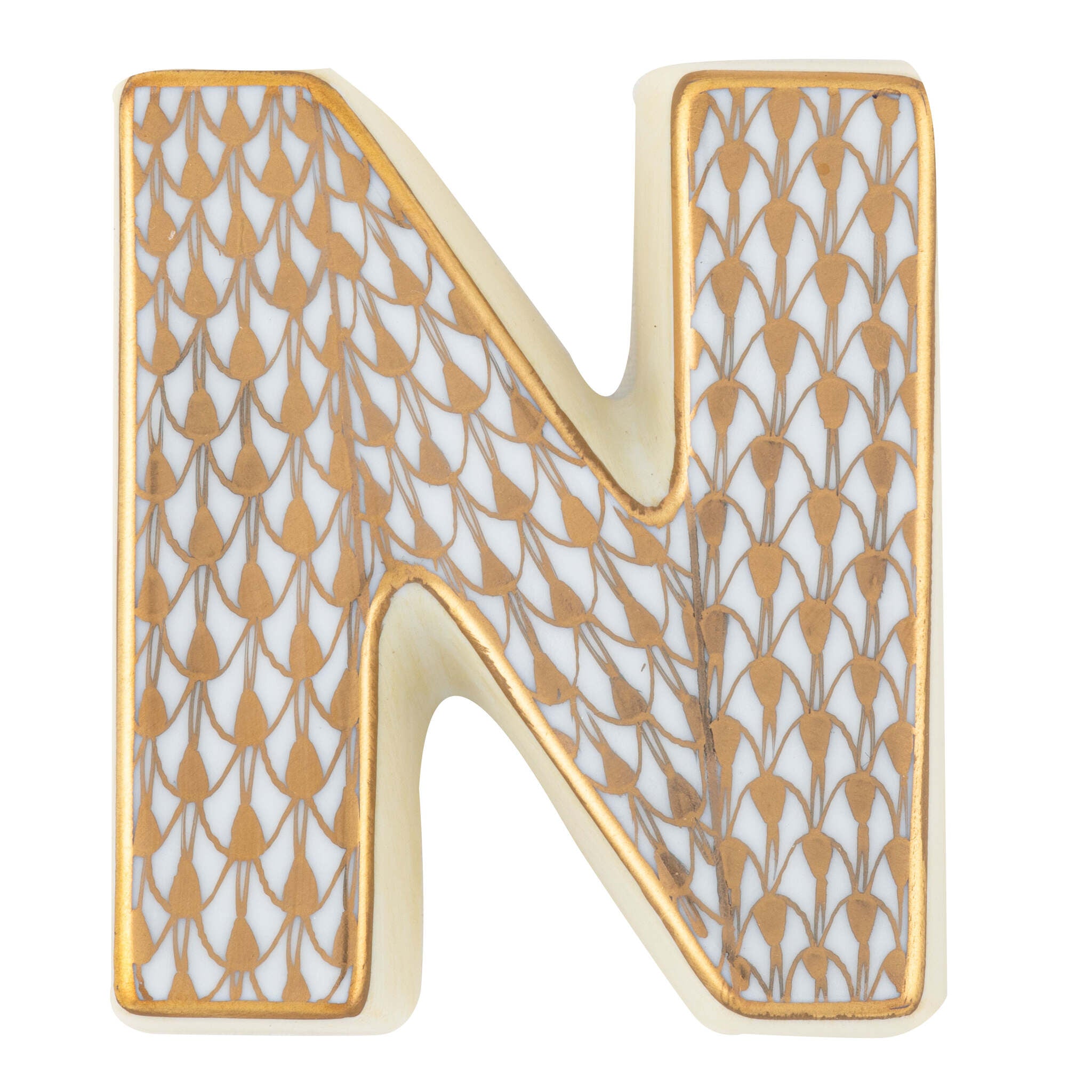 Hand-painted Herend Letter N Figurine in fine porcelain, 2.25in L X 2in W X 0.5in H, on a white background