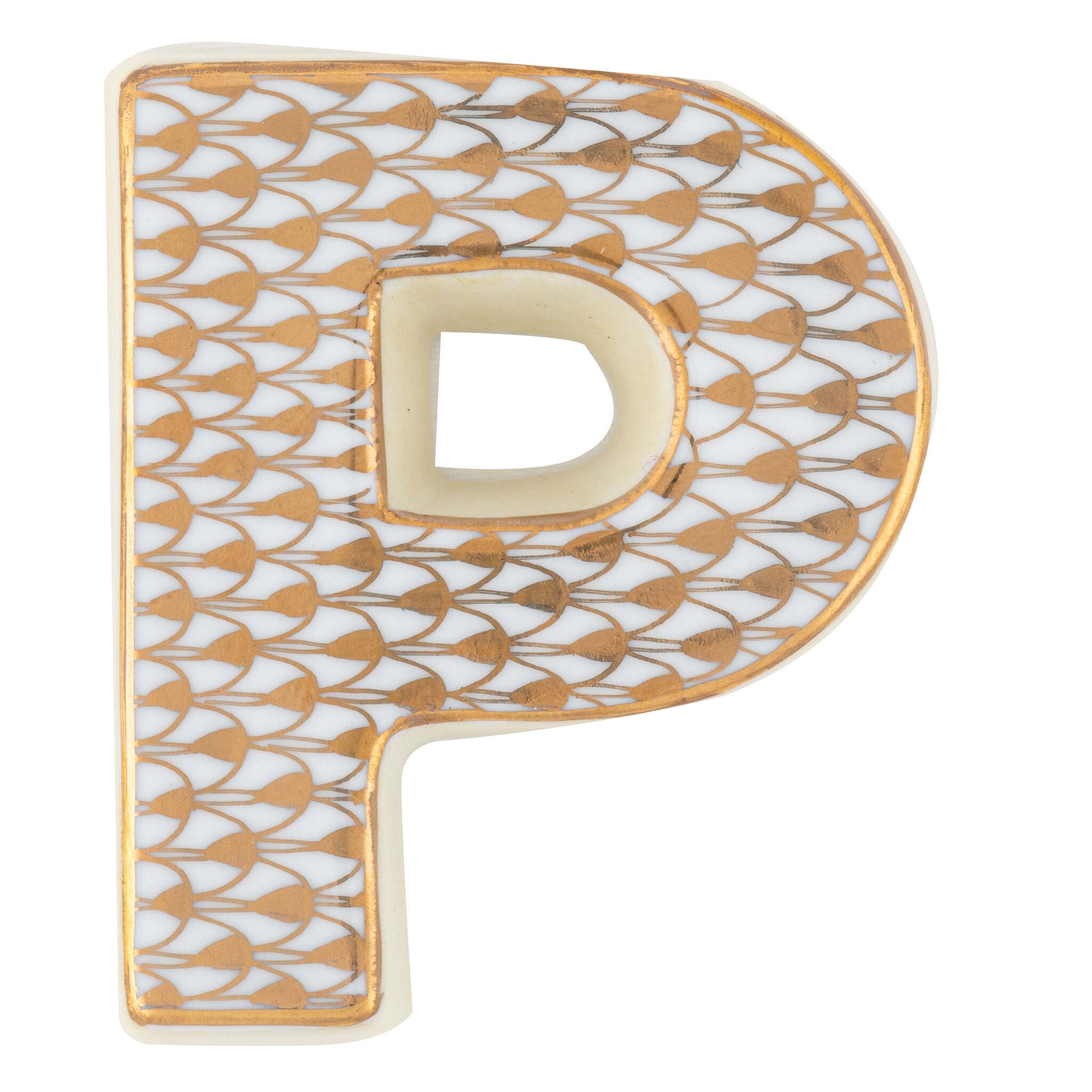 Hand-painted Herend Letter P Figurine in fine porcelain, 2.25in L X 1.75in W X 0.5in H, on a white background