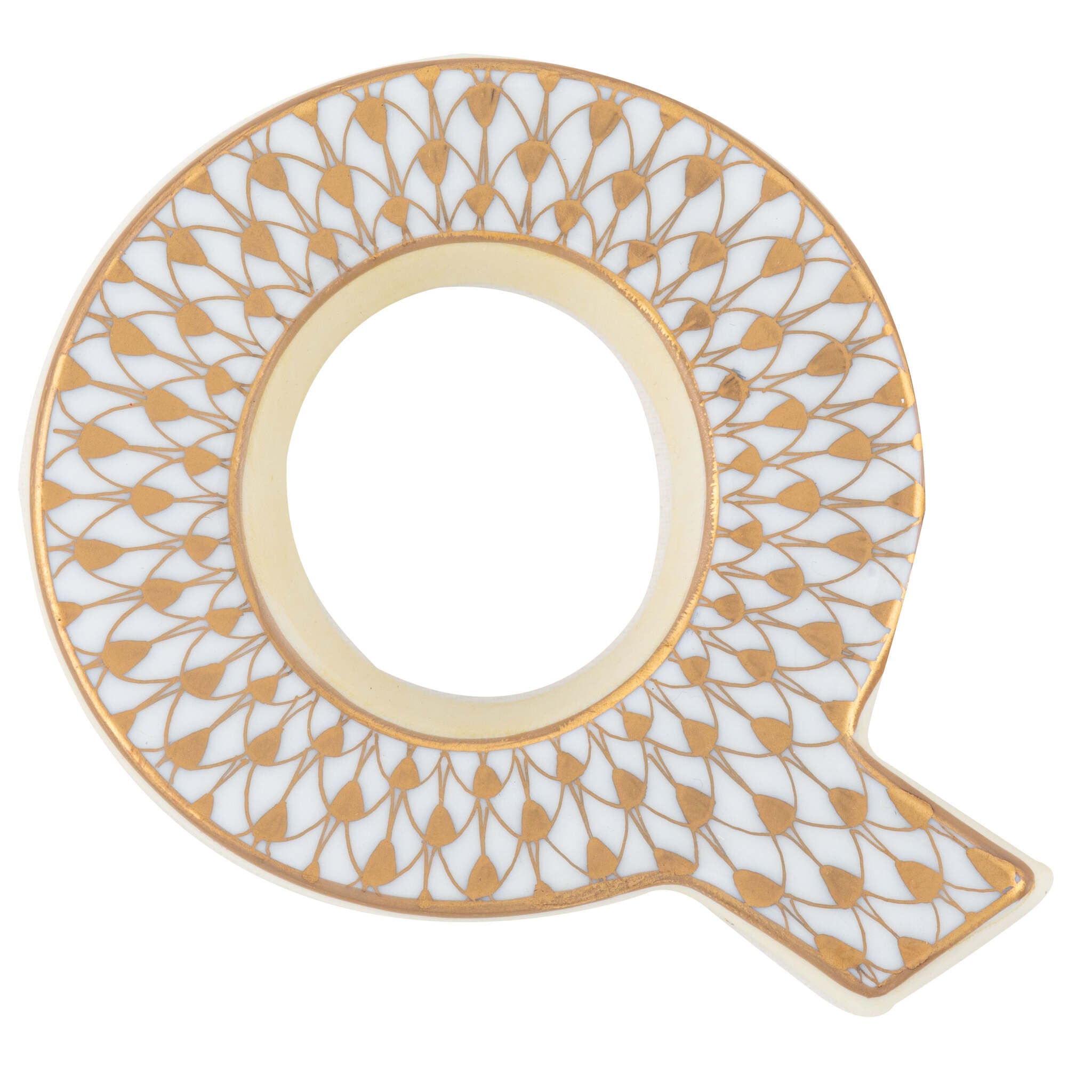 Hand-painted Herend Letter Q Figurine in fine porcelain, 2.25in L X 3in W X 0.5in H, on a white background