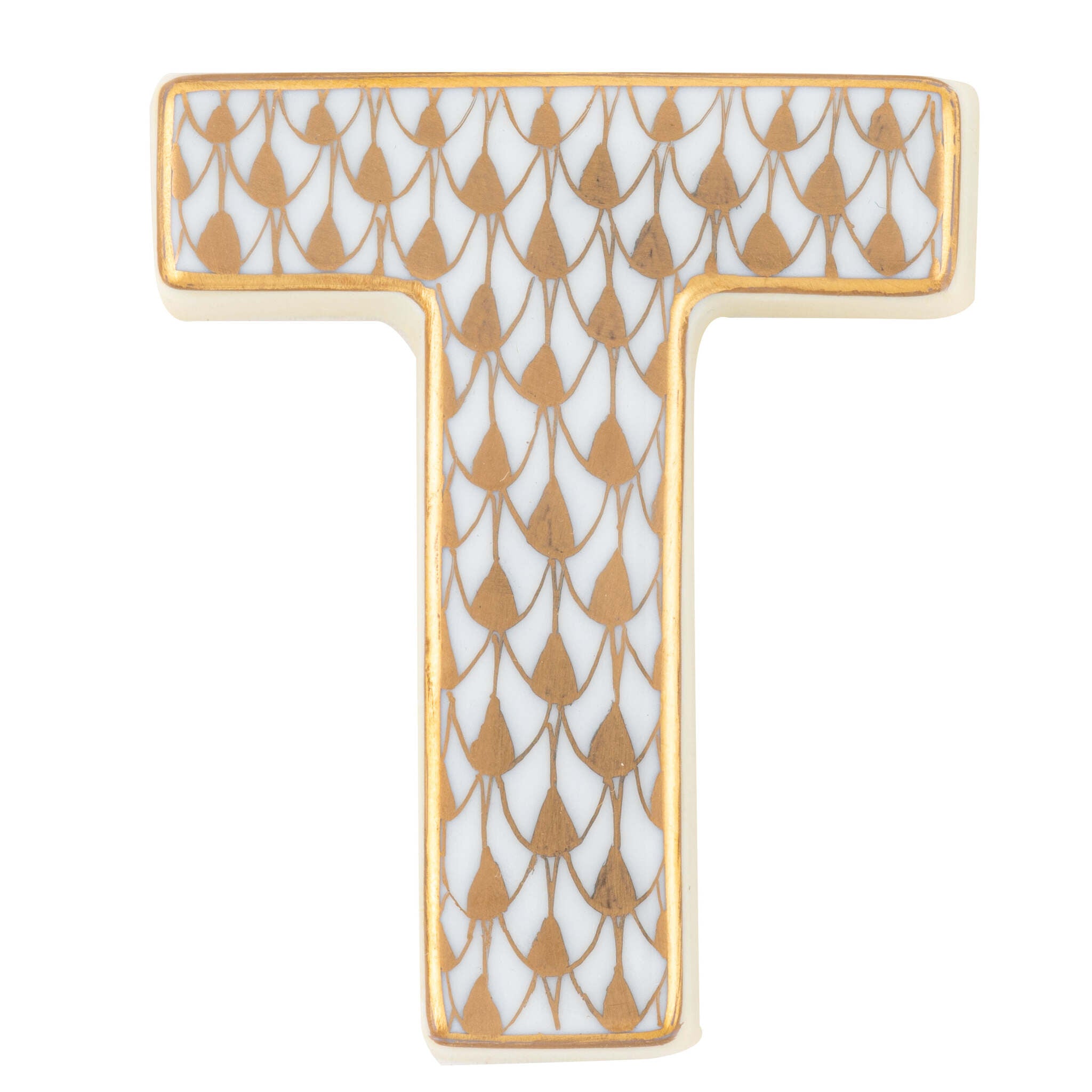 Hand-painted Herend Letter T Figurine in fine porcelain, 2.25in L X 2in W X 0.5in H, on a white background