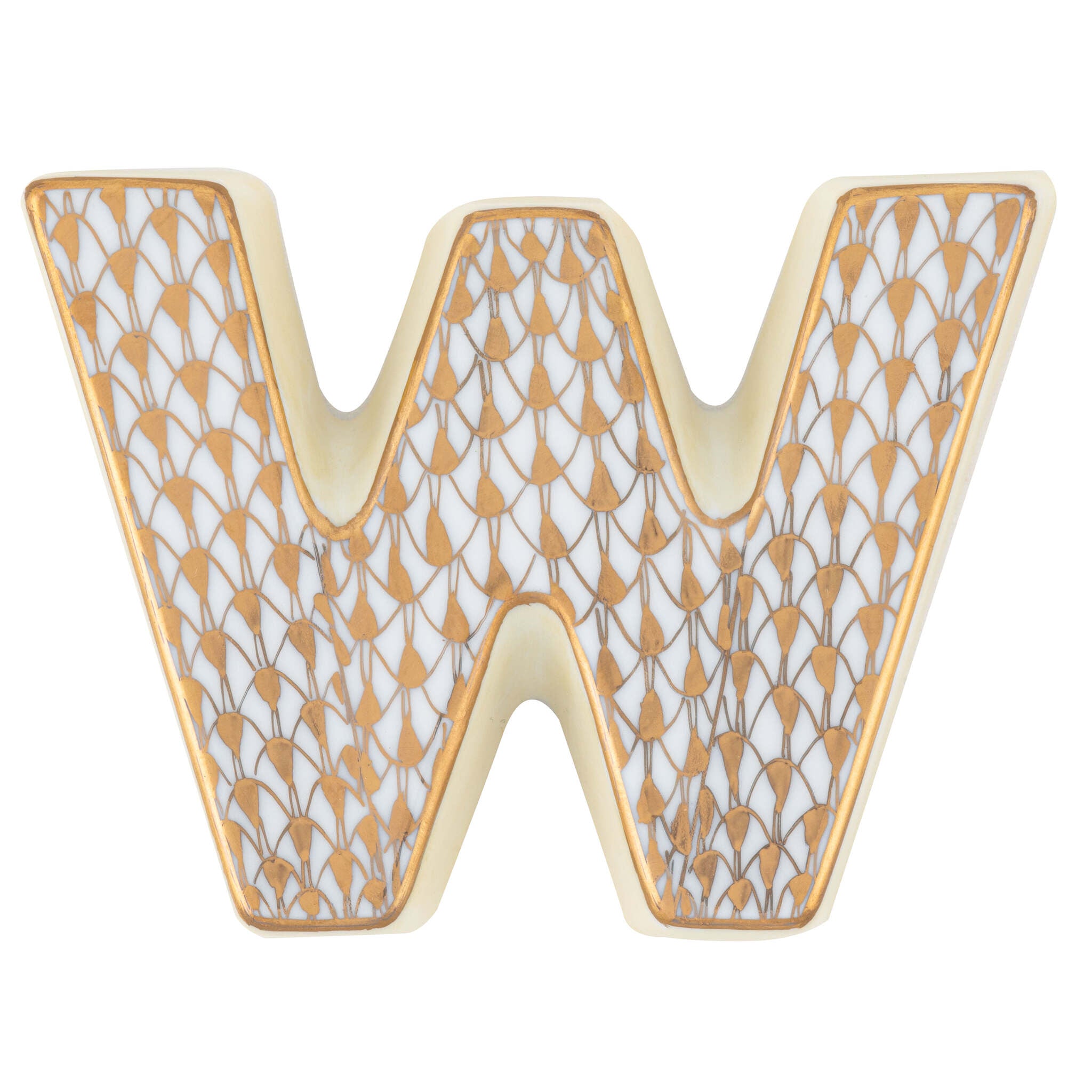 Hand-painted Herend Letter W Figurine in fine porcelain, 3.25in L X 2.25in W X 0.5in H, on a white background