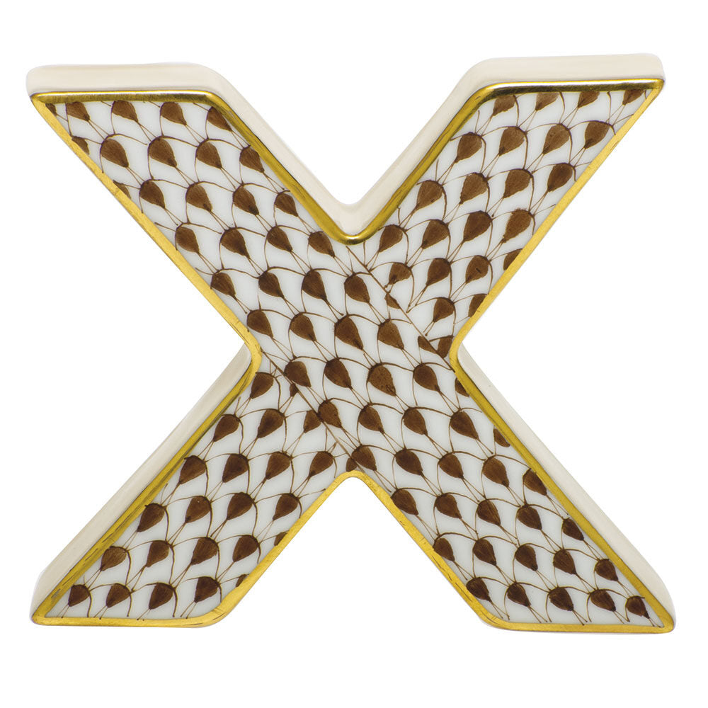 Herend Letter X Figurine porcelain figurine painted in the Chocolate fishnet pattern