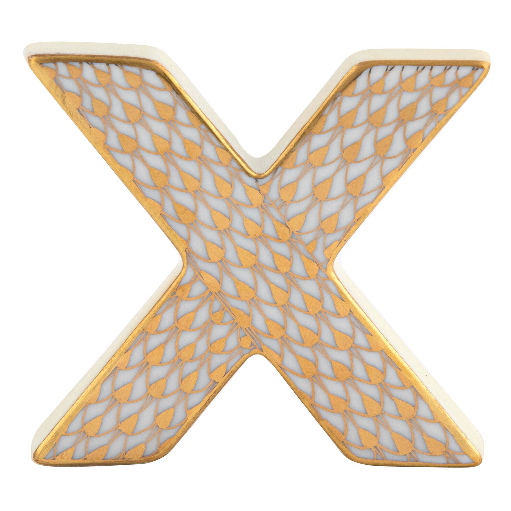 Hand-painted Herend Letter X Figurine in Gold fishnet porcelain on a white background