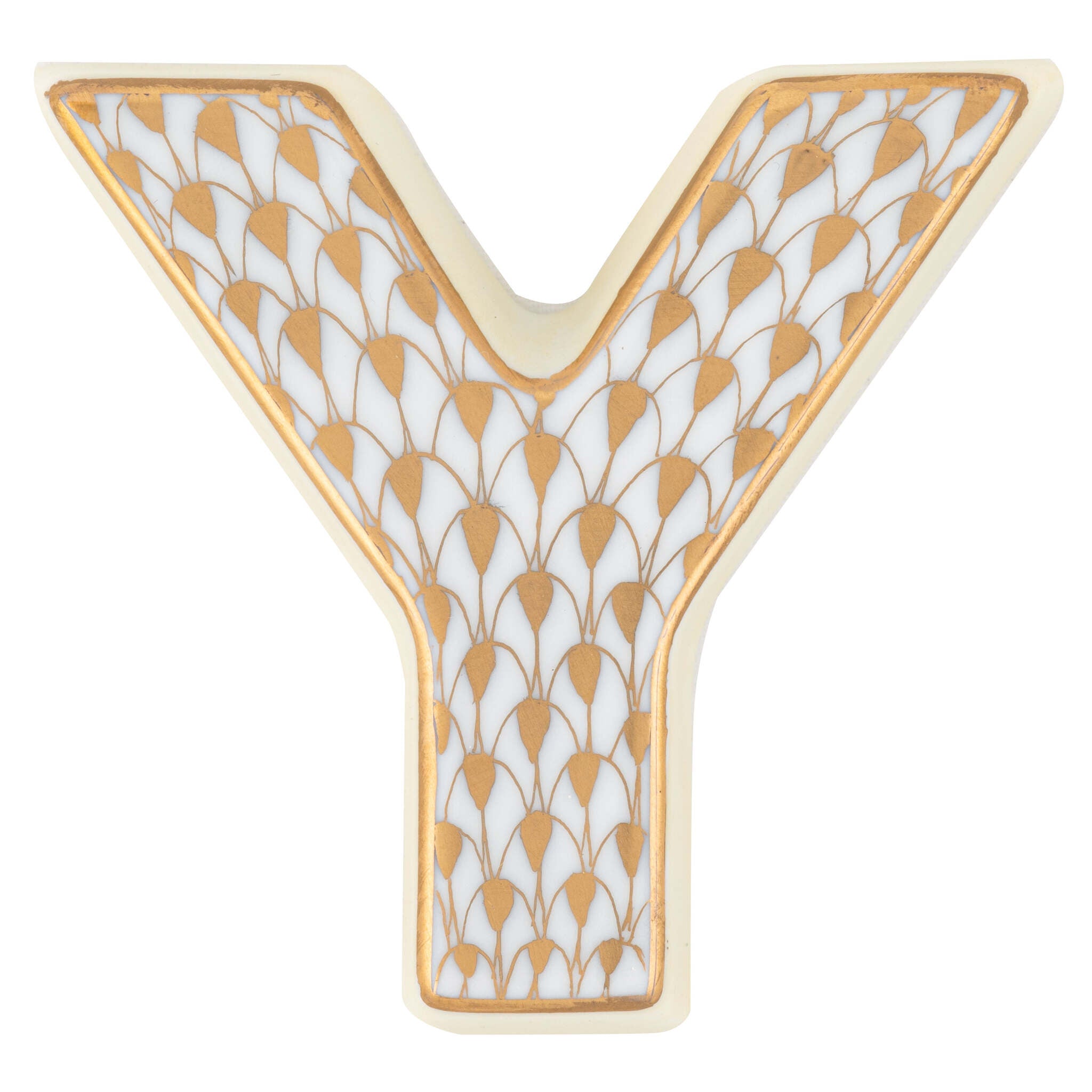 Hand-painted Herend Letter Y Figurine in fine porcelain, 2.25in L X 2.25in W X 0.5in H, on a white background