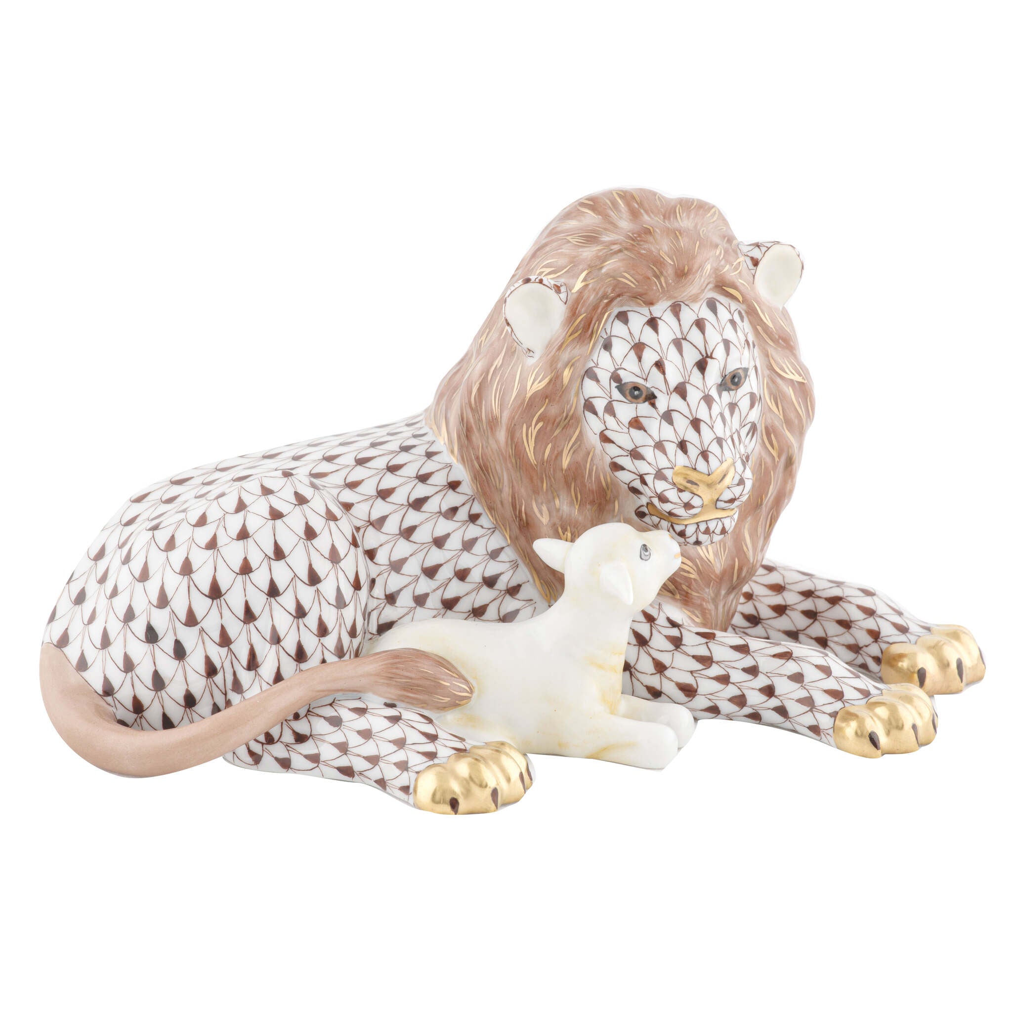 Hand-painted Herend Lion and Lamb Figurine in fine porcelain, 5in L X 7.75in W X 4.25in H, on a white background