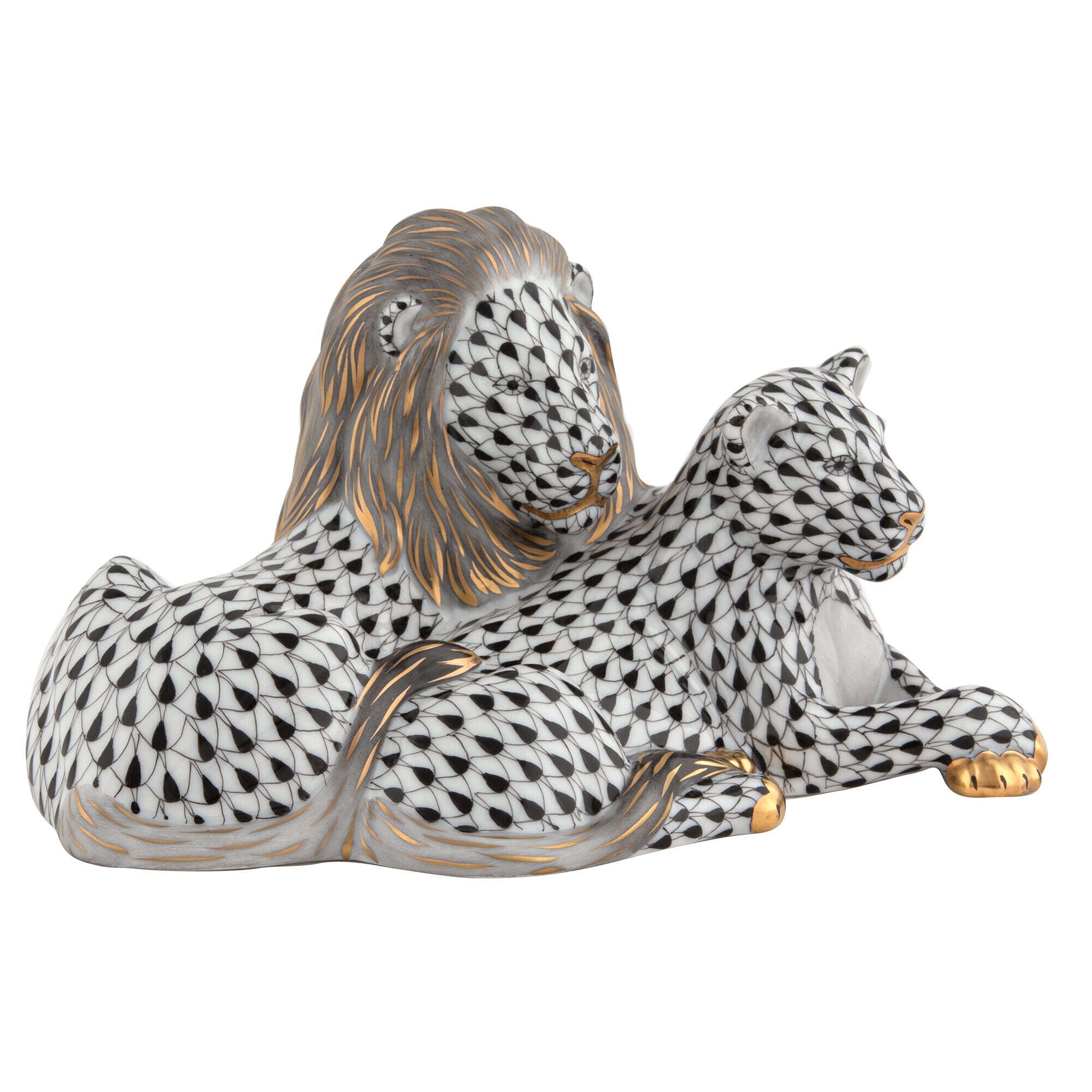 Black fishnet Lion and Lioness Figurine figurine, hand-painted Herend porcelain with 24k gold accents