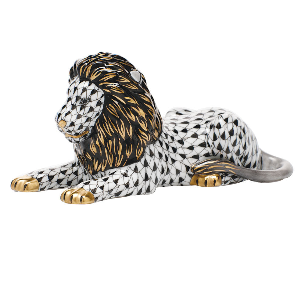 Hand-painted Herend Lion Figurine in Black fishnet porcelain on a white background
