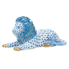 Hand-painted Herend Lion Figurine in Blue fishnet porcelain on a white background