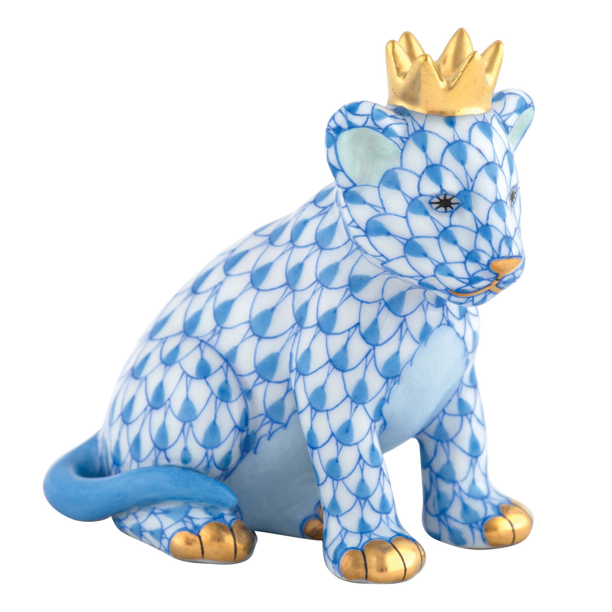 Blue fishnet Lion Cub with Crown Figurine figurine, hand-painted Herend porcelain with 24k gold accents