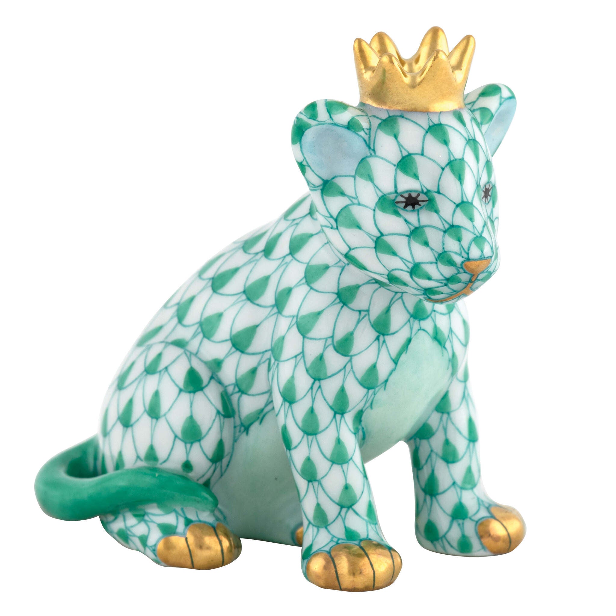Hand-painted Herend Lion Cub with Crown Figurine in Green fishnet porcelain on a white background