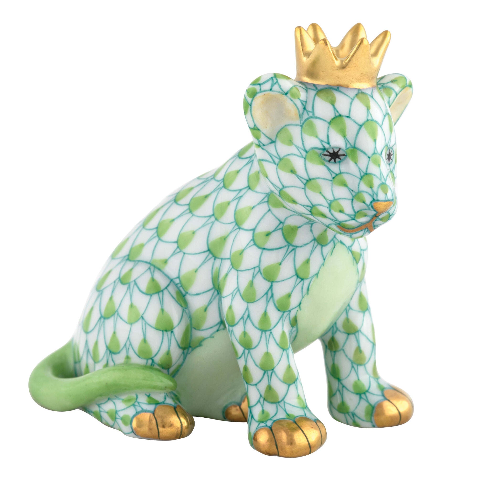 Key Lime fishnet Lion Cub with Crown Figurine figurine, hand-painted Herend porcelain with 24k gold accents