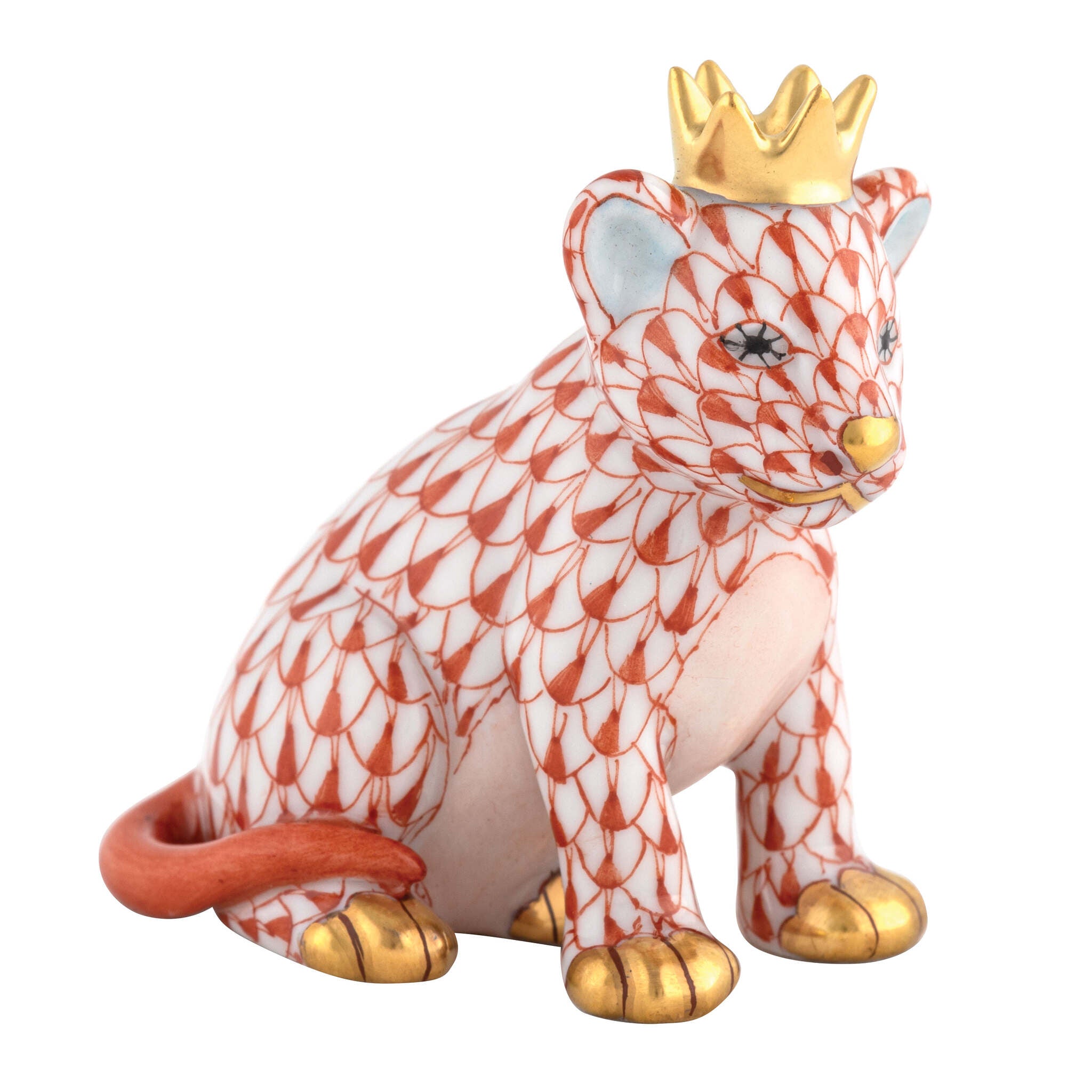 Herend Lion Cub with Crown Figurine porcelain figurine painted in the Rust fishnet pattern