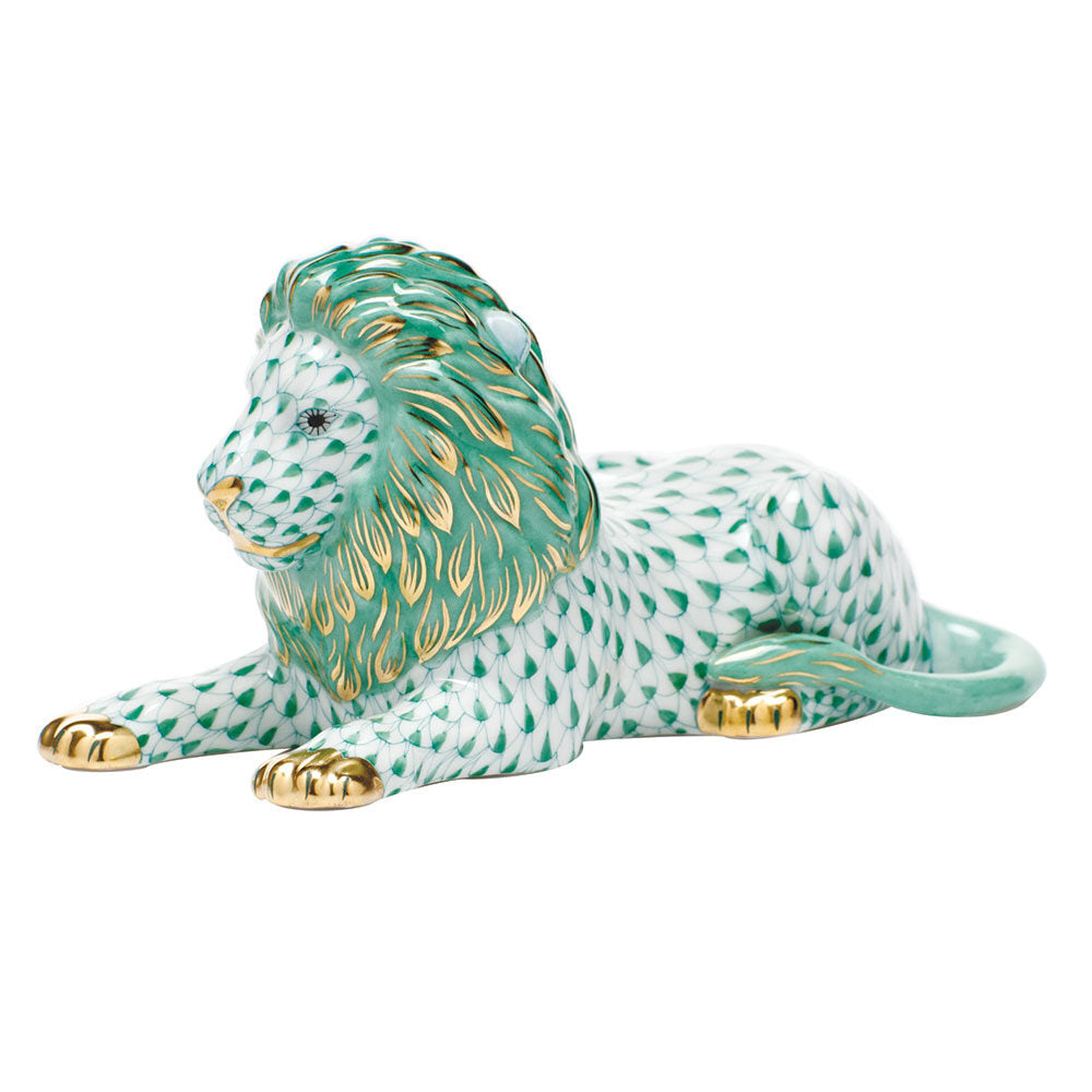 Hand-painted Herend Lion Figurine in Green fishnet porcelain on a white background
