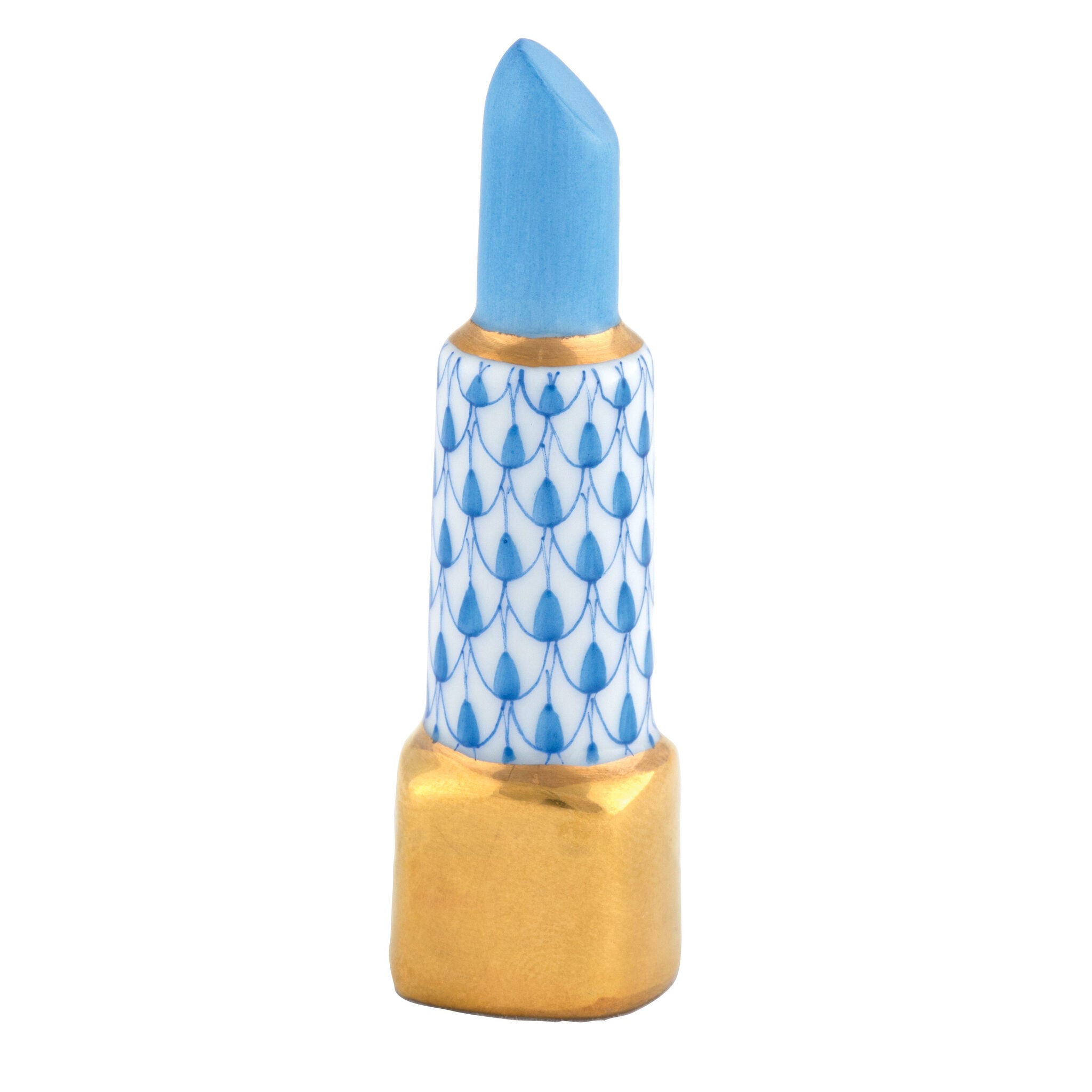 Hand-painted Herend Lipstick Figurine in Blue fishnet porcelain on a white background