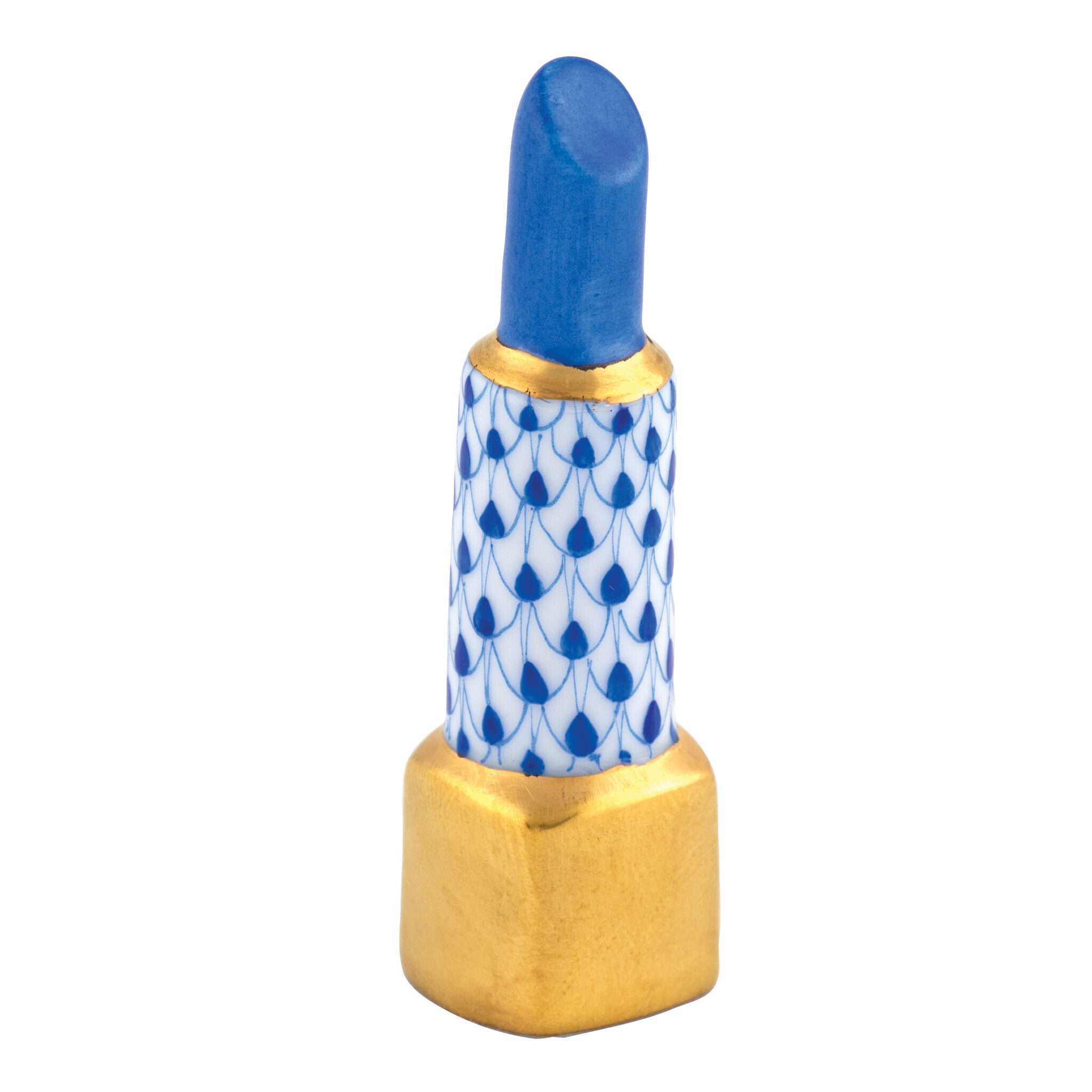 Hand-painted Herend Lipstick Figurine in Sapphire fishnet porcelain on a white background