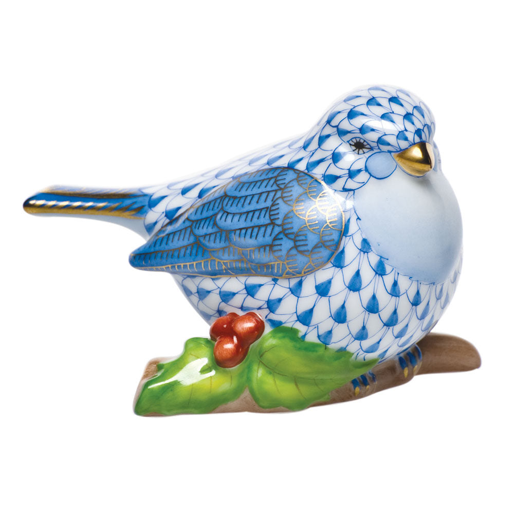 Blue fishnet Little Bird on Holly Figurine figurine, hand-painted Herend porcelain with 24k gold accents